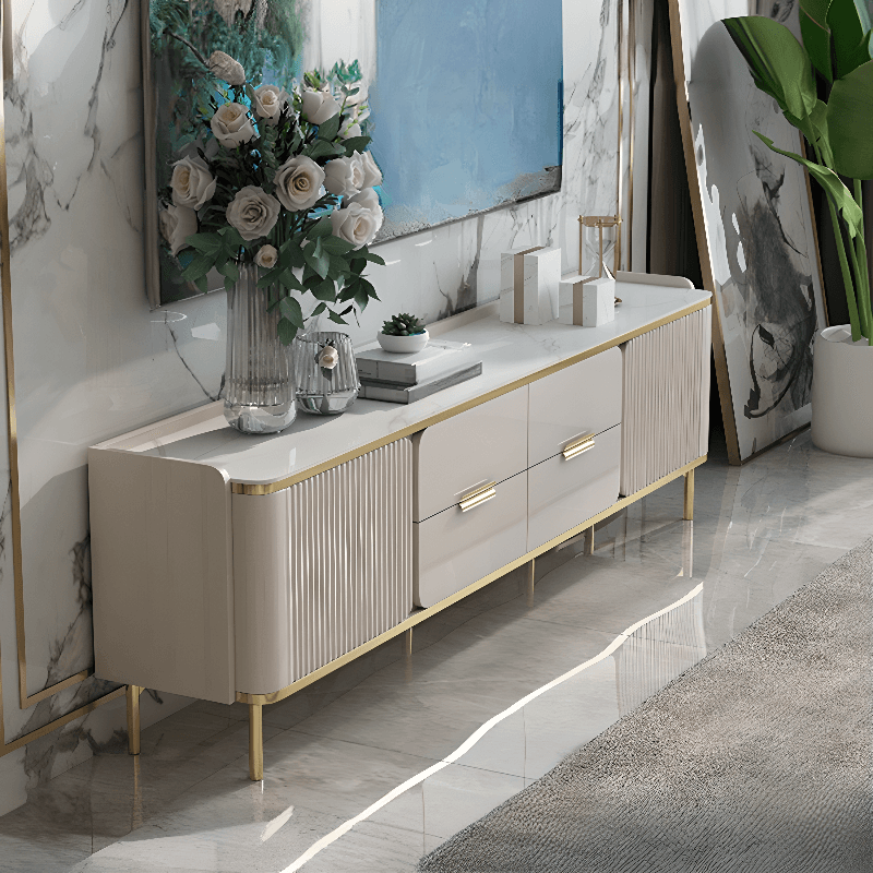 Chalk Art Deco Sintered Stone TV Stand for Sitting Room with 4/3 Drawers, 2 Cabinets, and Gate Doors thumbnail 6
