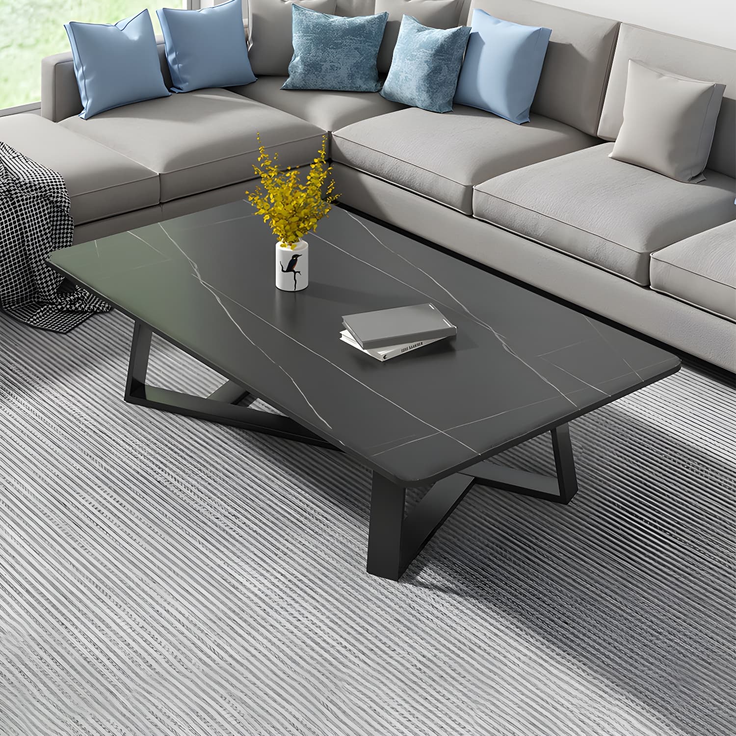 Modern Rectangle Coffee or End Table Stone and Steel Coffee Table with Cross Legs thumbnail 1