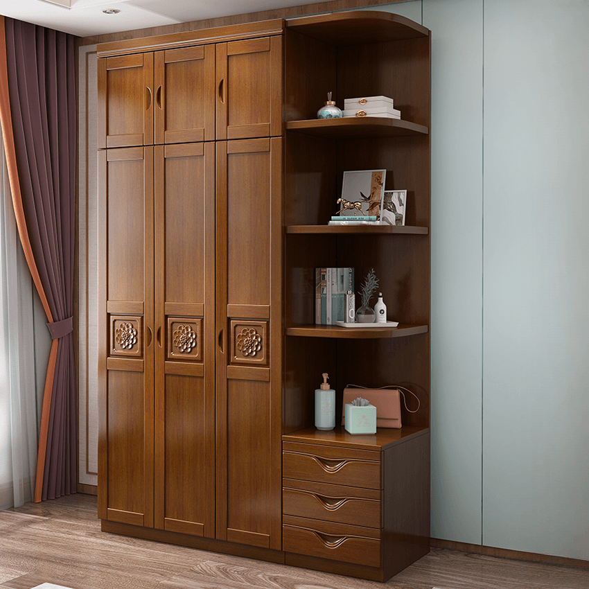 Vintage Sepia Lumber Wardrobe with Soft Close Drawer, Soft Close Door, Interior Shelves, and Hanging Rod thumbnail 4