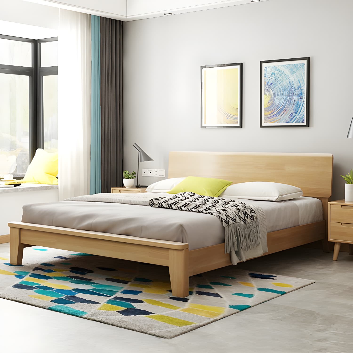 84.65 inch Wide Mid-century Bed Frame Rubberwood Bed with Headboard thumbnail 1