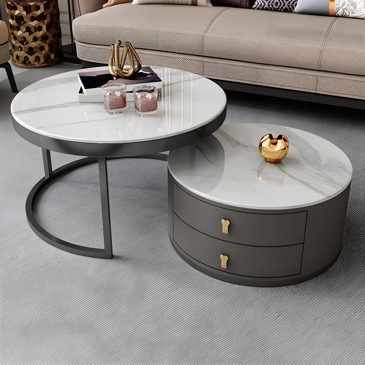 Modern Coffee Cocktail Table Round Nesting Coffee Table Set with Drawer thumbnail 5