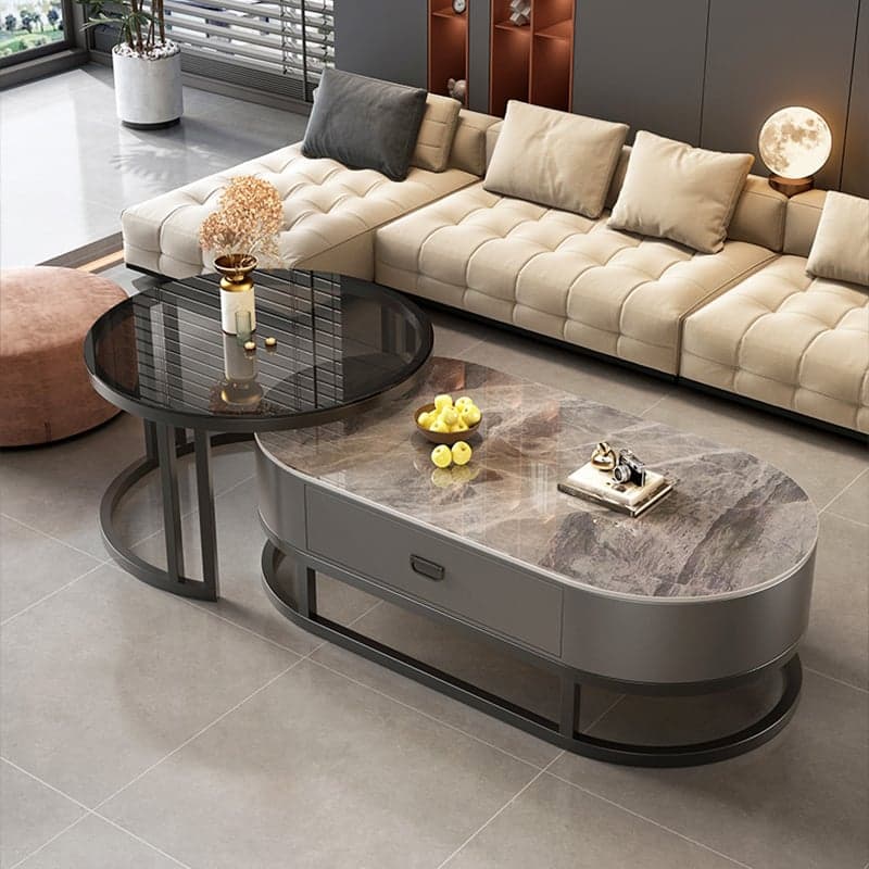 Set of 2 Modern Nesting Stone Coffee Tables with Metal Frame and Drawers thumbnail 5
