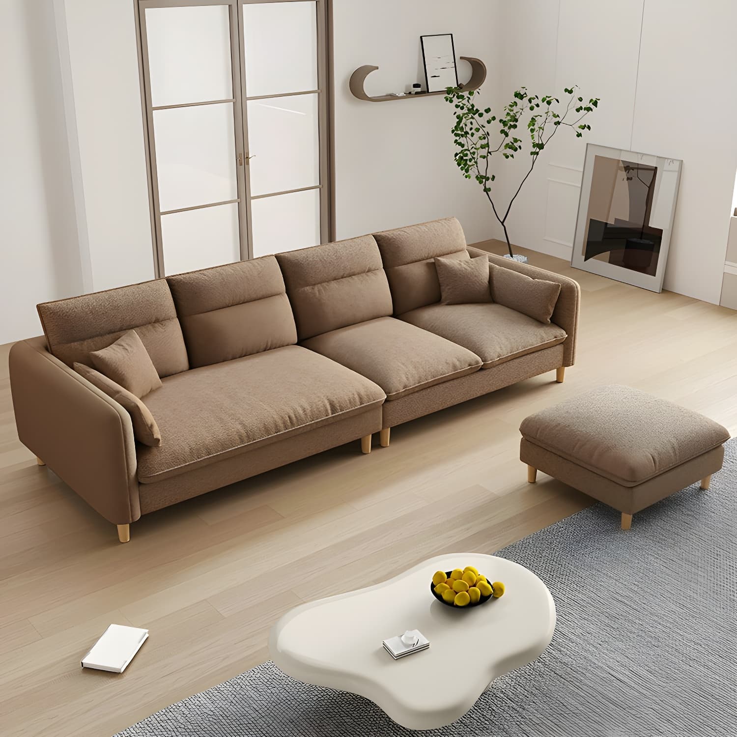Modern Wood Frame Straight Sectional Sofa Set with Ottoman in Brown, 3 Piece Set thumbnail 8
