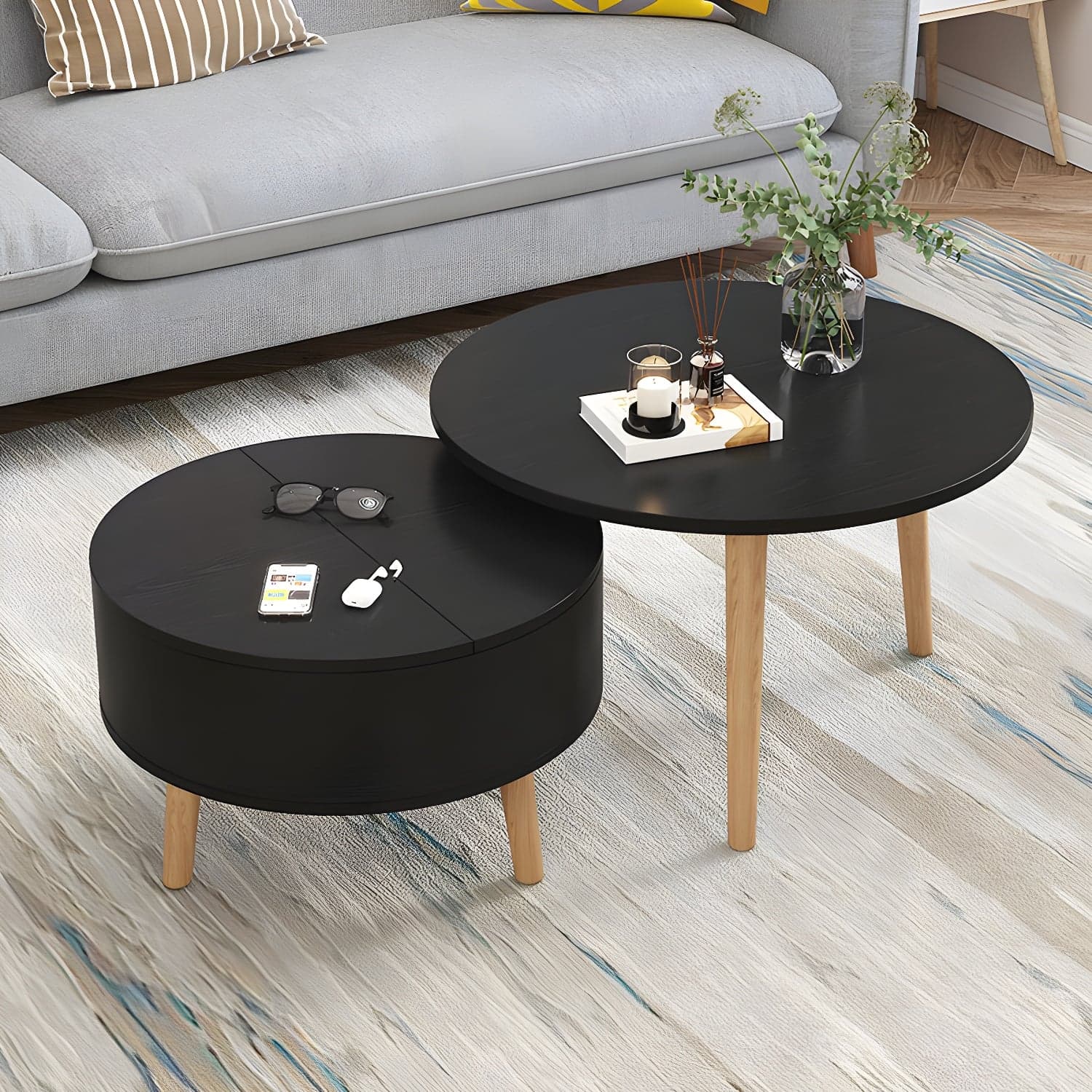Round Solid Wood 3 Legs Coffee Table with Storage Drawers Modern Cocktail Table thumbnail 1