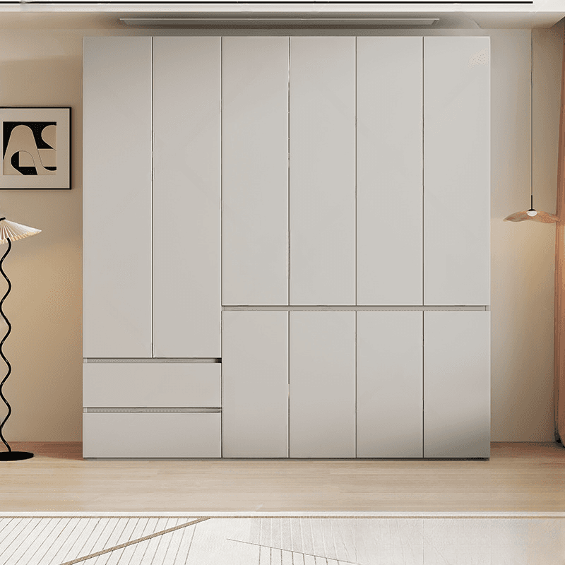 Cream Trendy Reclaimed Wood Wardrobe Armoire with Soft Close Drawer, Soft Close Door, Interior Shelves, and Clothing Rod