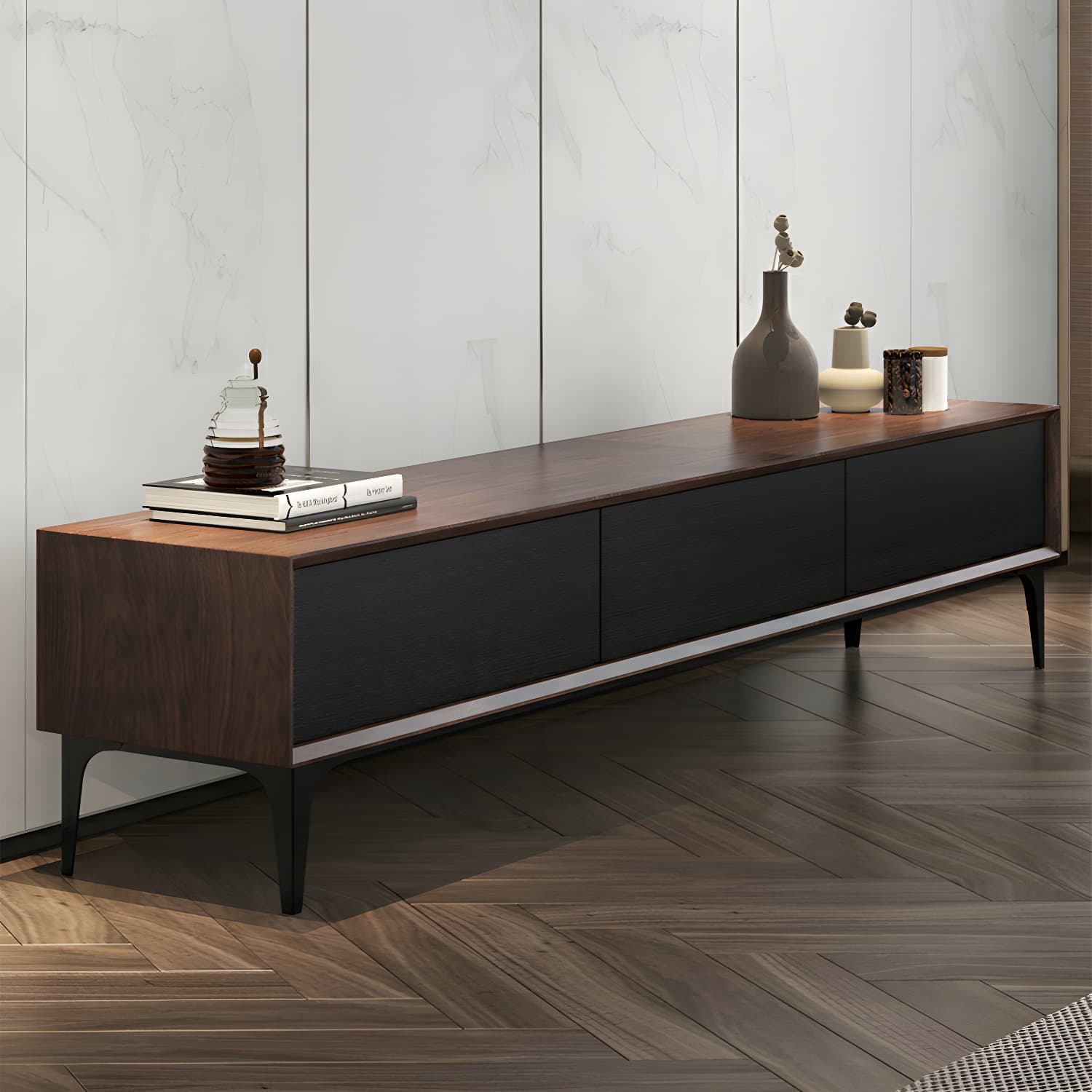 Scandinavian Style Wood TV Stand with Cable Management, Drawers Included - Low Height and With Legs thumbnail 4