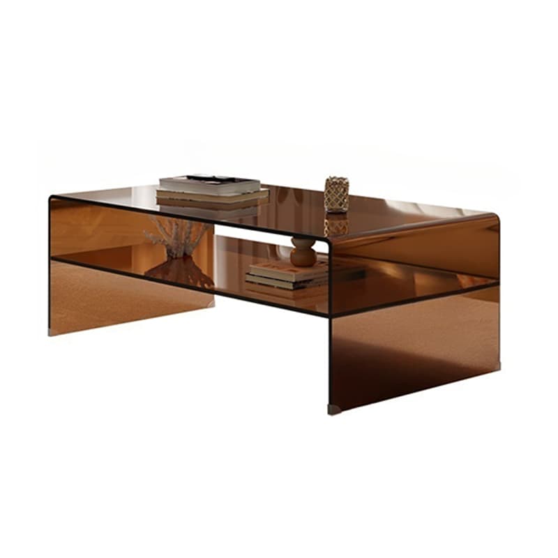 Rectangular Brown Glass Modern Coffee Table with Sled Base and Storage thumbnail 5