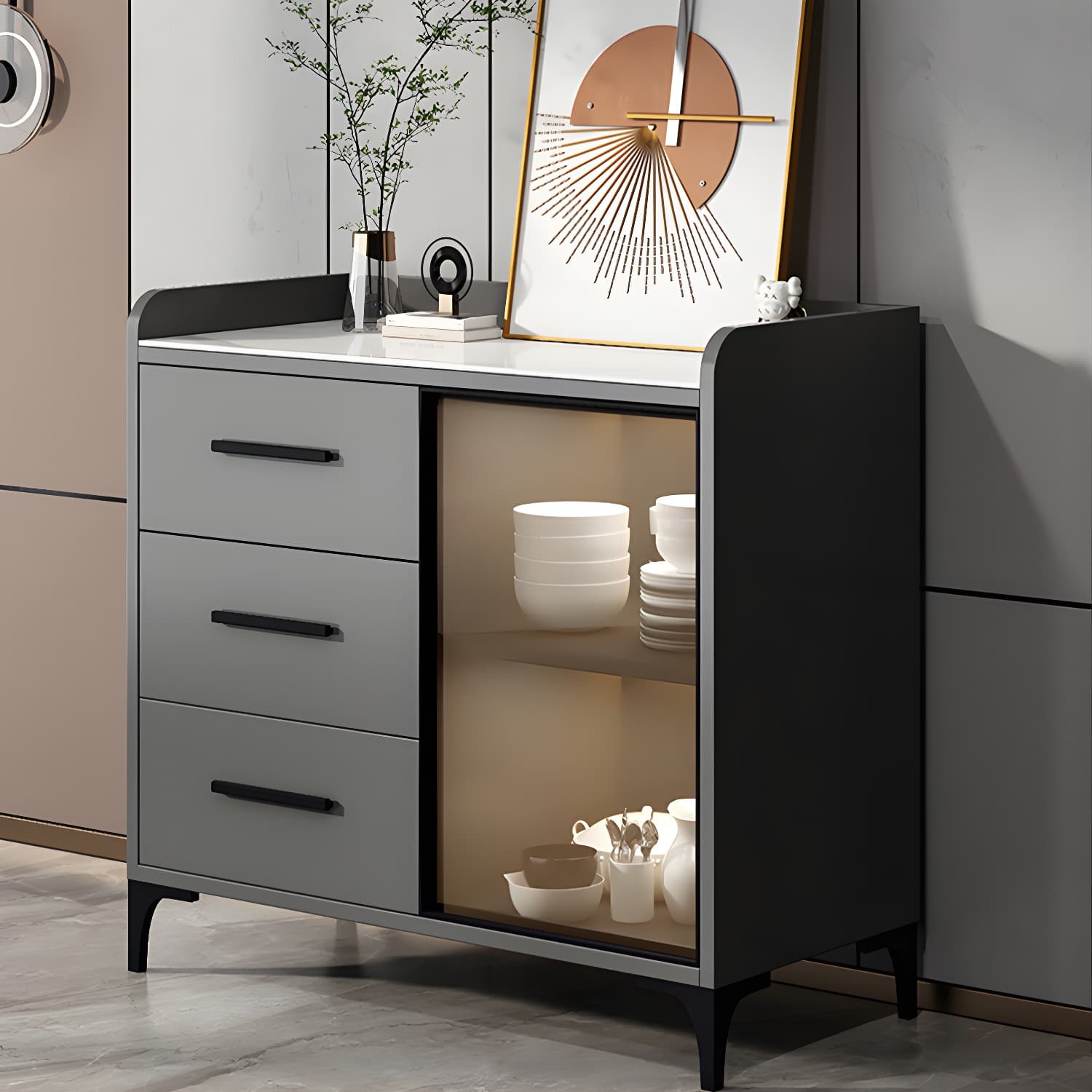 Glamorous Wood Buffet Sideboard with Glass Doors and Open Storage