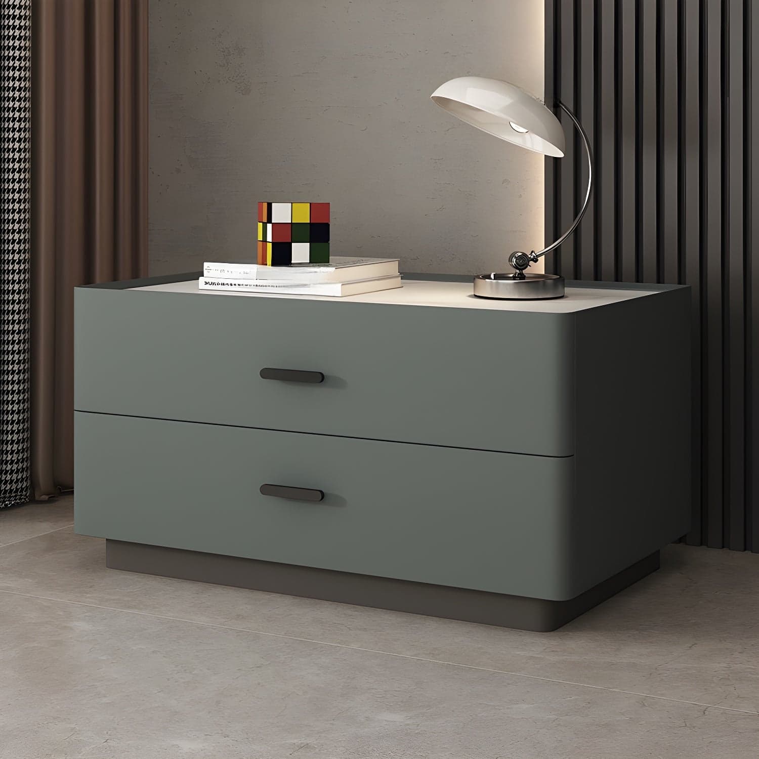 Elegant Two-Drawer Faux Leather Nightstand with Stone Countertop in Low Height for Modern Homes thumbnail 4