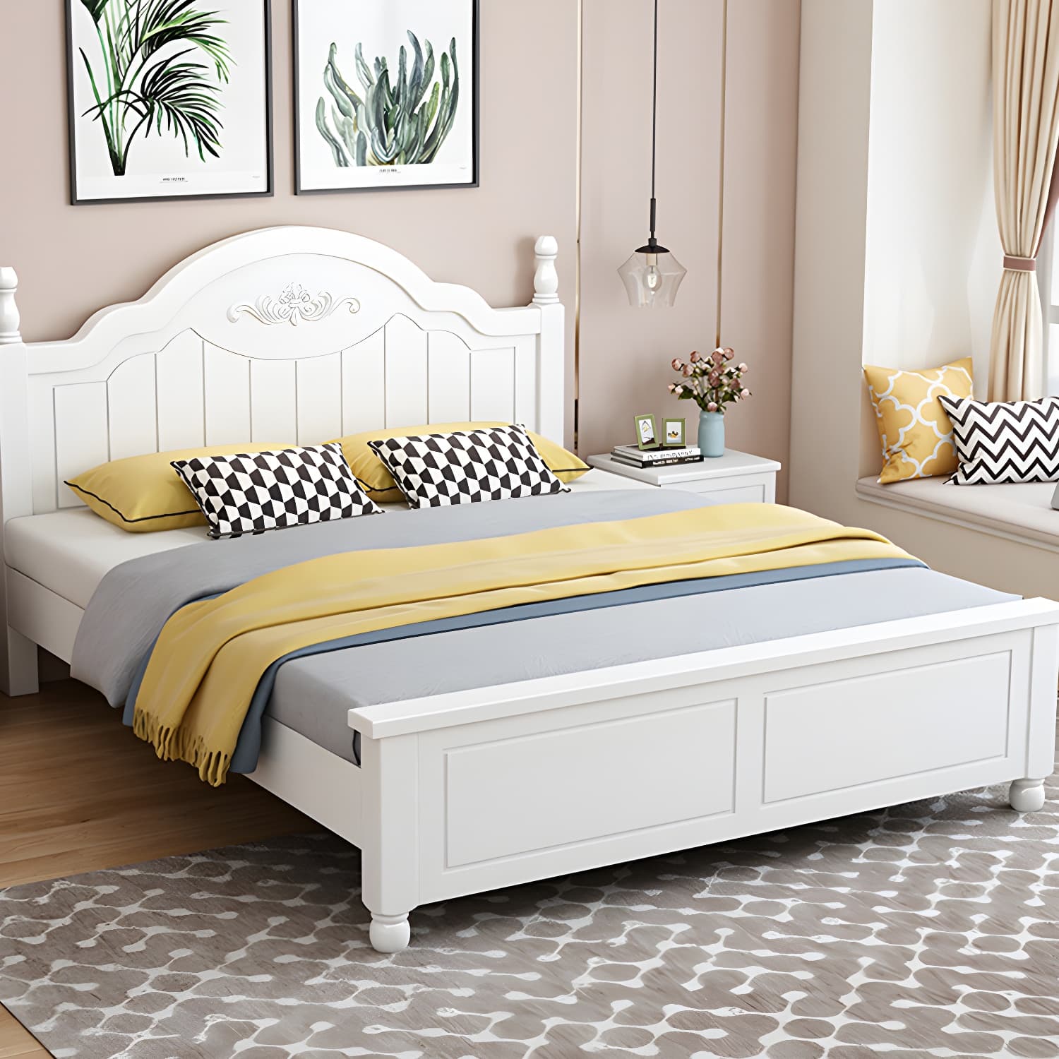 Modern Solid Color Wooden Freestanding Bed Frame with Headboard thumbnail 4