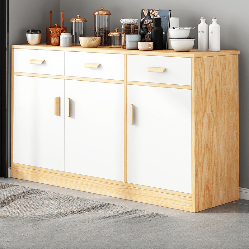 Trendy Narrow Kitchen Cabinet Base with Multiple Drawers and Doors, 2/3 Interior Shelves, Compartment Storage, and Lumber Countertop