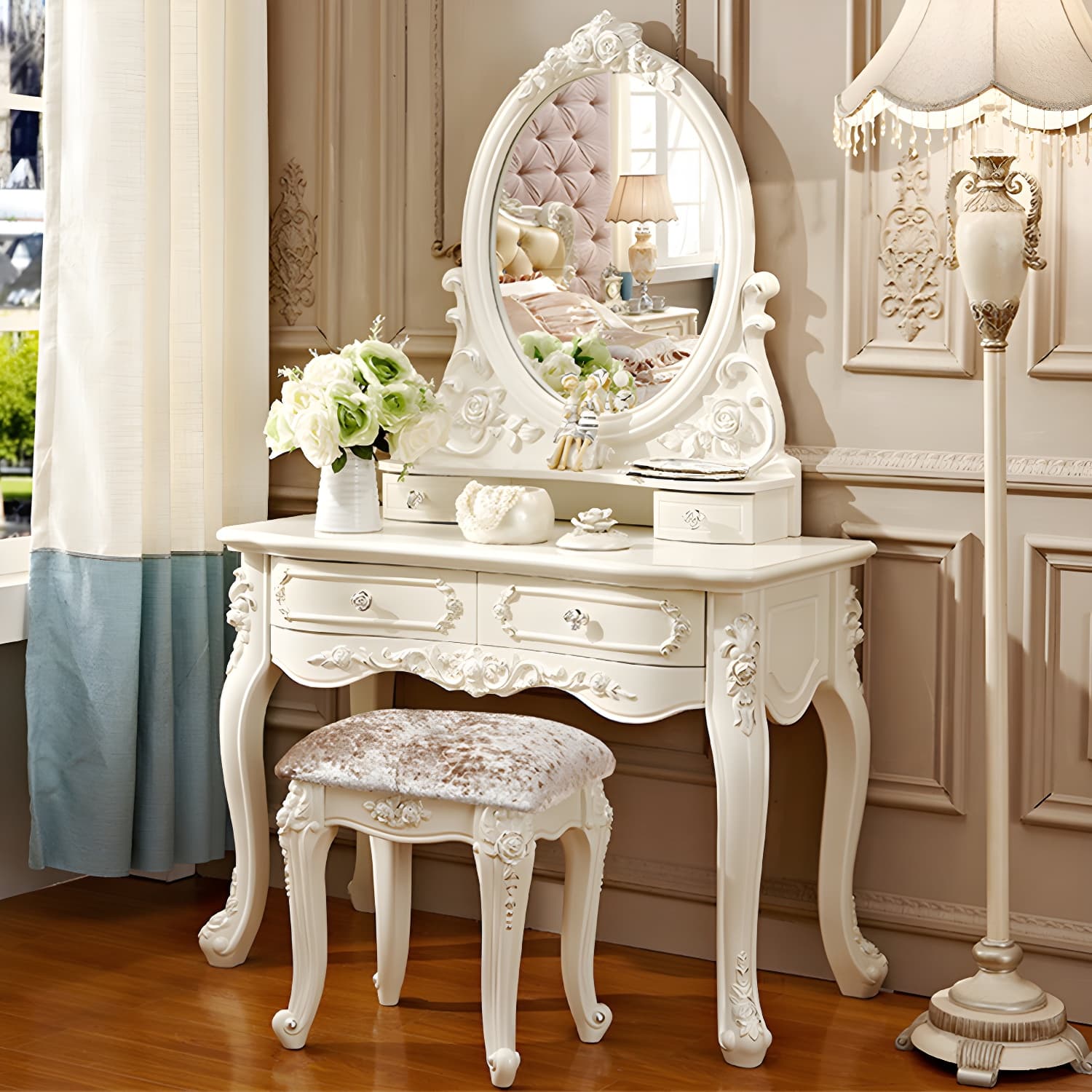 Victorian 33.4"/41.3" Wide Wood 4 Drawers Mirrored Makeup Vanity thumbnail 4