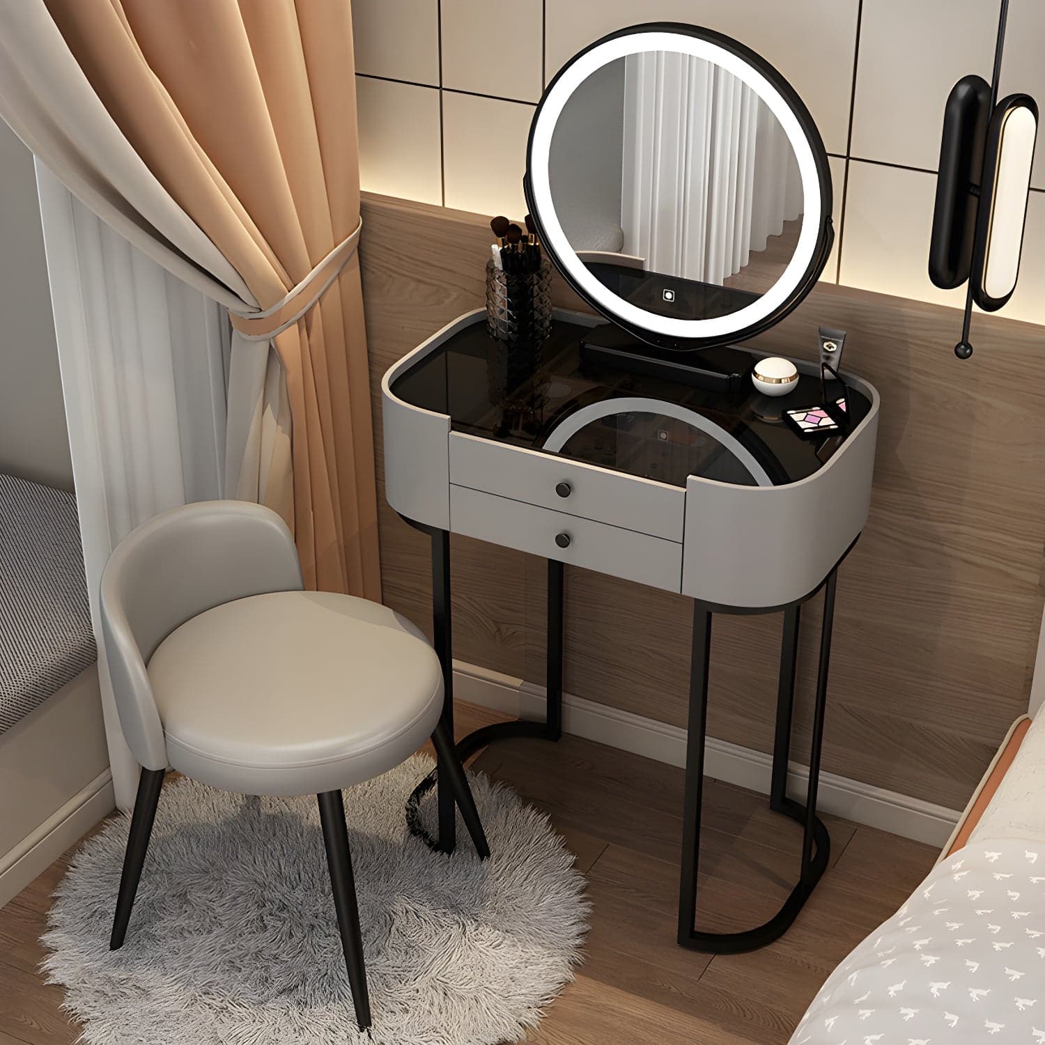 Contemporary Bedroom Makeup Vanity Desk Glass Vanity Dressing Table with Stool thumbnail 1