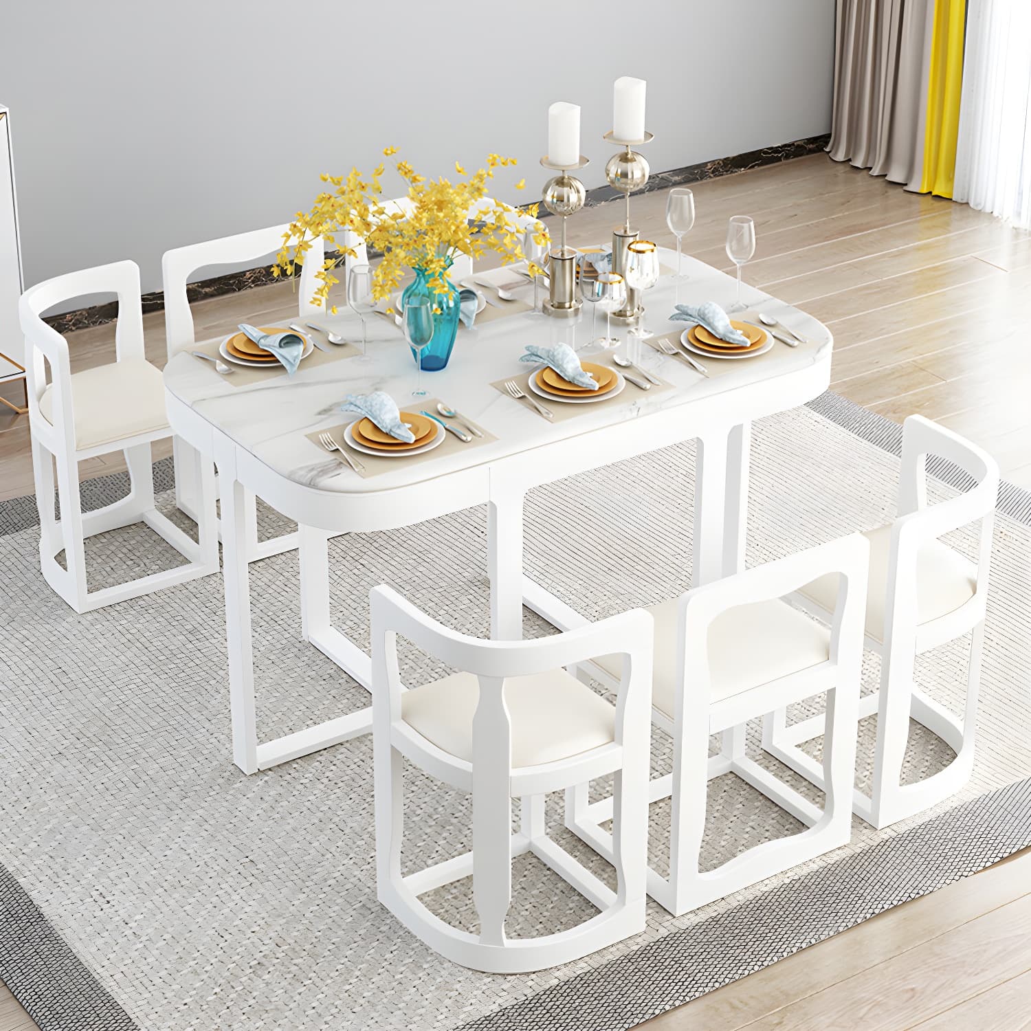 7-Piece Modern Wood Dining Set with Trestle Base and Upholstered Chairs in White - Seats 6 thumbnail 17