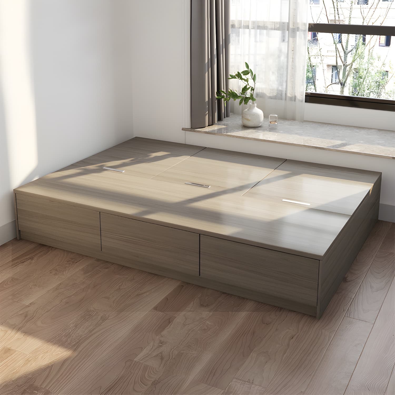 Light Brown Platform Bed Scandinavian 13.77" Tall Bed Frame with Storage Drawers thumbnail 4