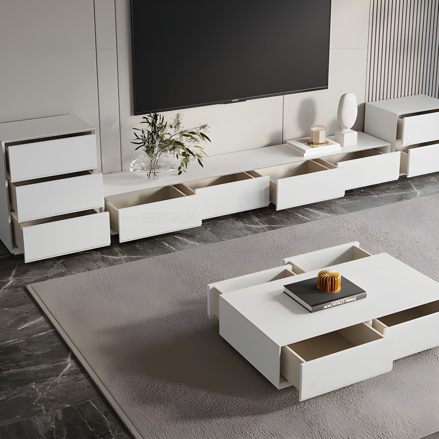 White Wood TV Stand Modernism TV Stand With Drawers for living Room thumbnail 13
