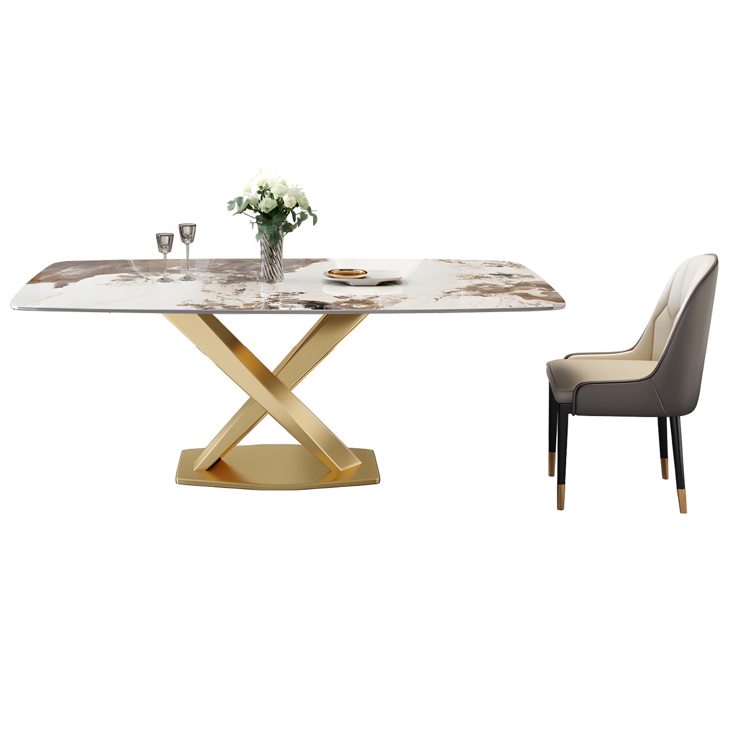Glam Metal Dining Set in Beige with Gold Pedestal Base and Slate Tabletop - 1/5/7 Piece Set thumbnail 6