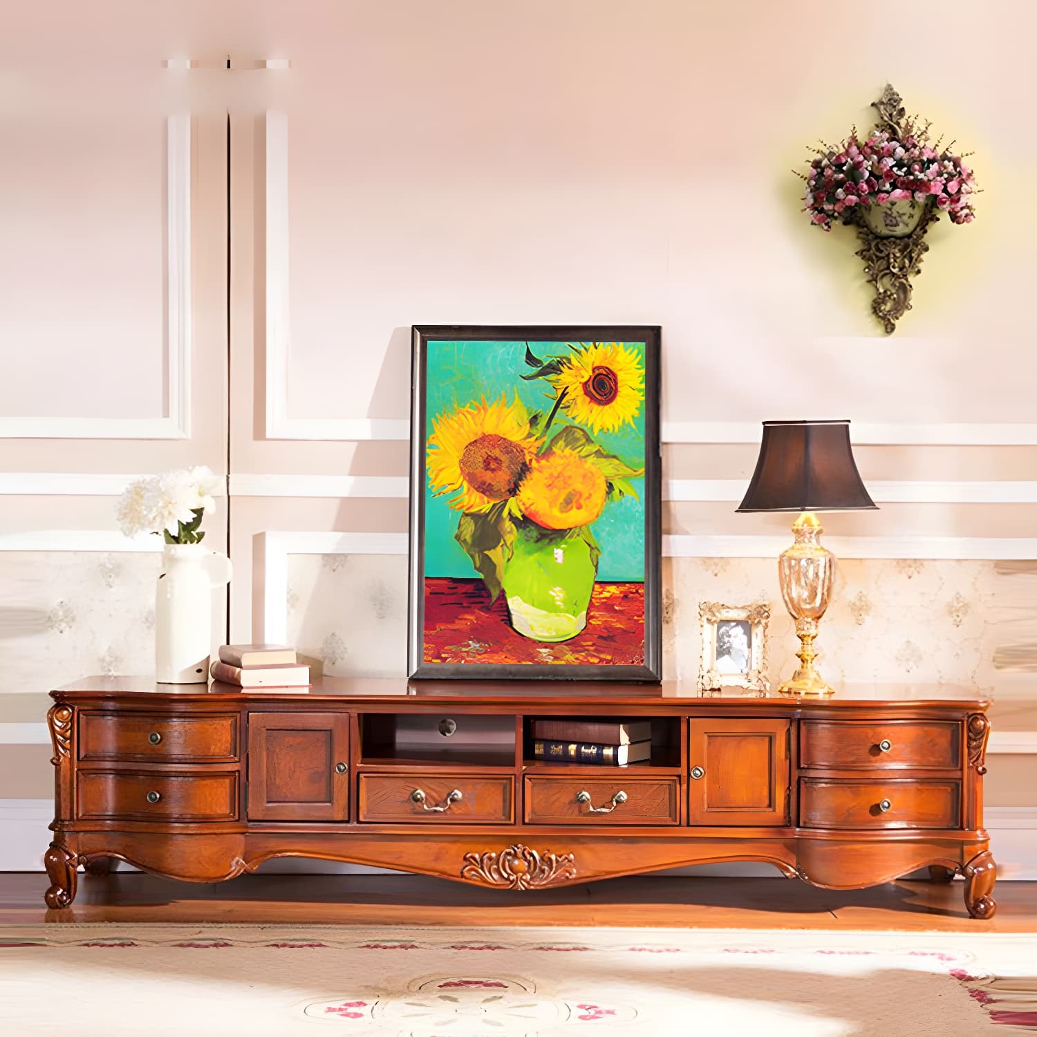 Solid Wood TV Console Traditional Enclosed TV Cabinet with Glide Drawers thumbnail 4