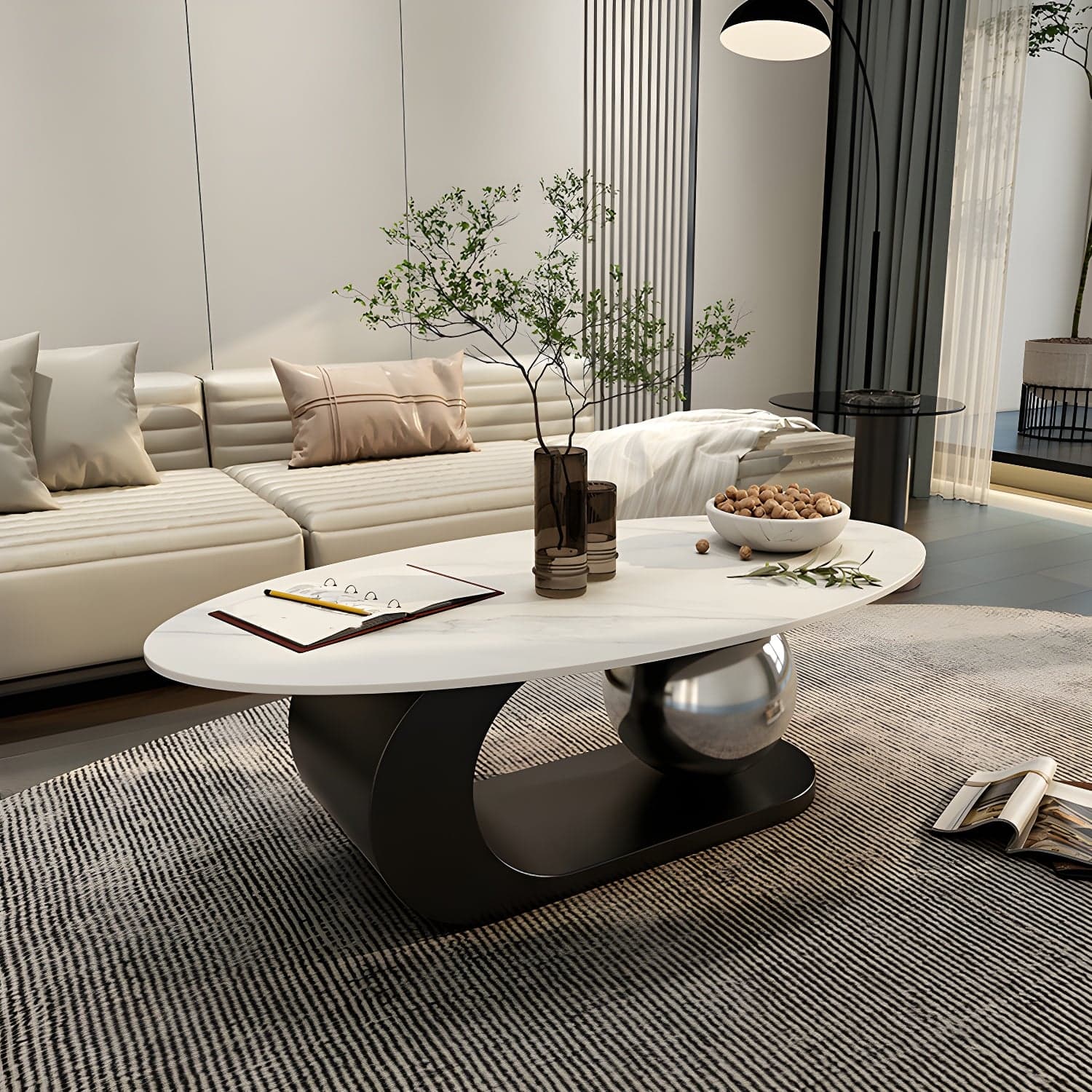 14"H Glam Coffee Table Slate Oval Pedestal Coffee Cocktail Table thumbnail 2
