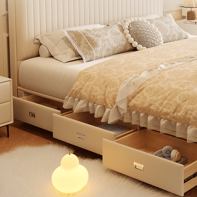 Ivory Solid Color Storage Bed with 3 Storage Boxes, Padded Frame, Sponge Upholstery, and Panel Headboard for Bedroom thumbnail 4