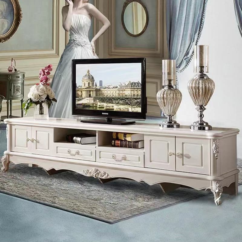 White Wood TV Stand with Drawers and Cabinets featuring Cable Management thumbnail 2