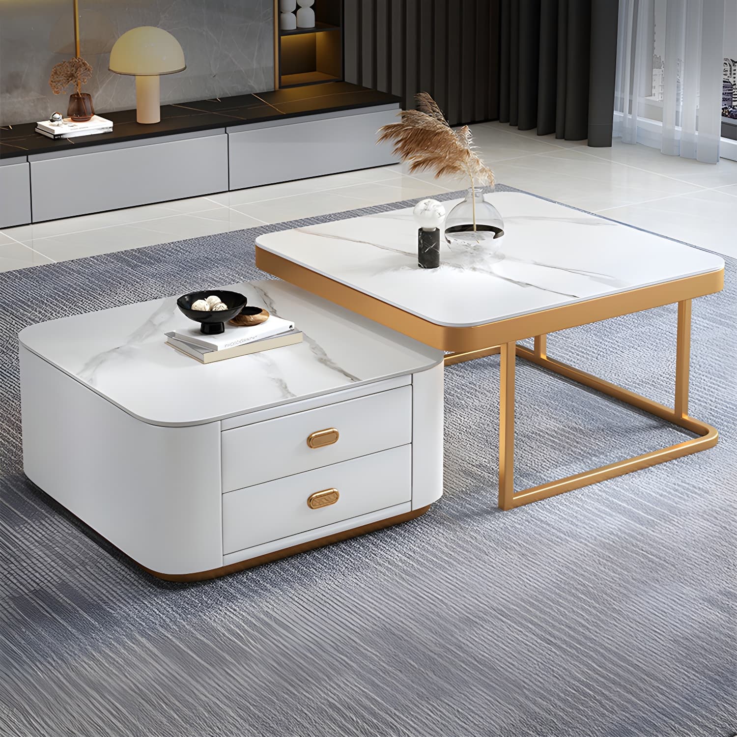 Square Coffee Table Glass Top 2 Nesting Coffee Table Set with Storage thumbnail 16