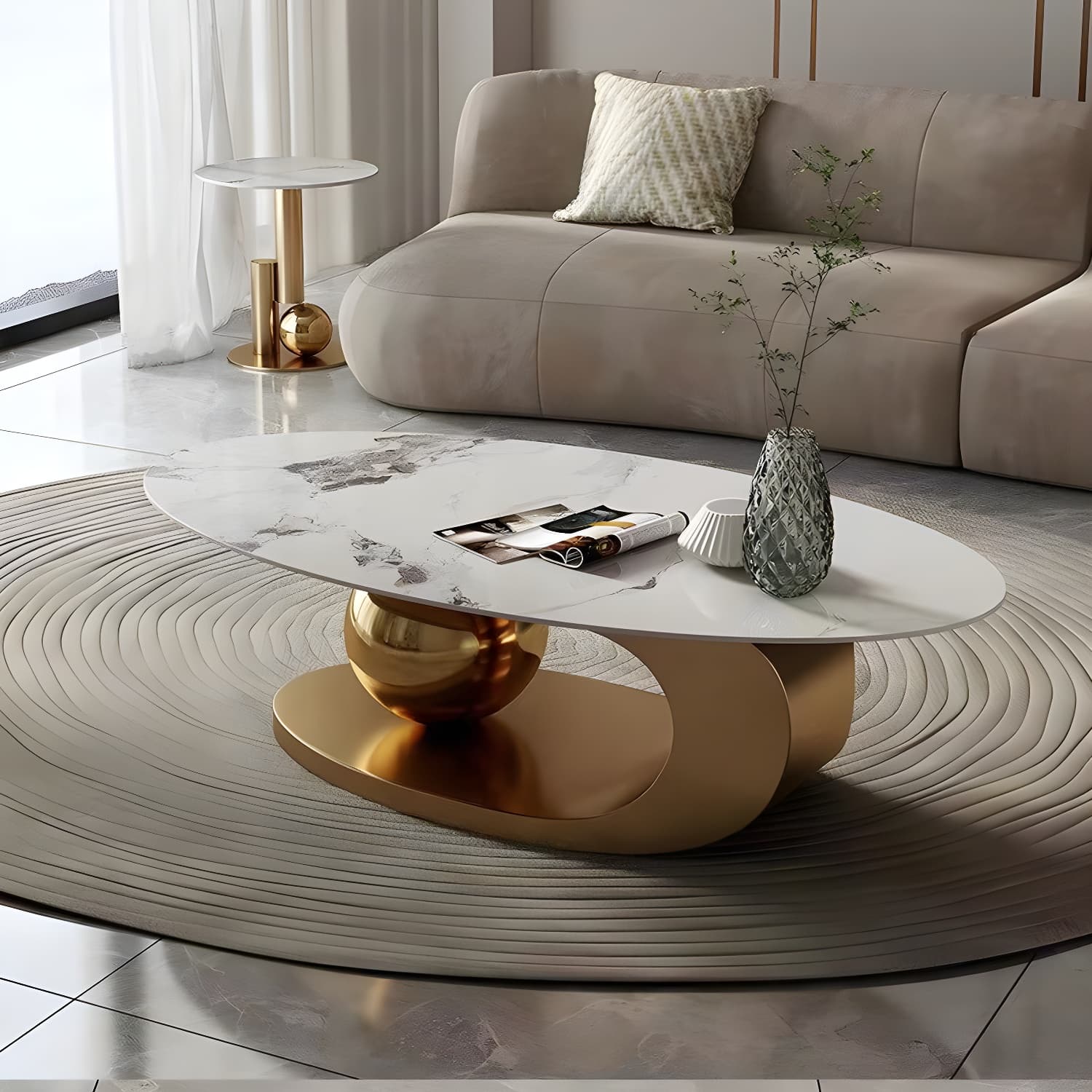Oval Coffee Table with Stainless Steel Base Made of Rock Sheet thumbnail 5