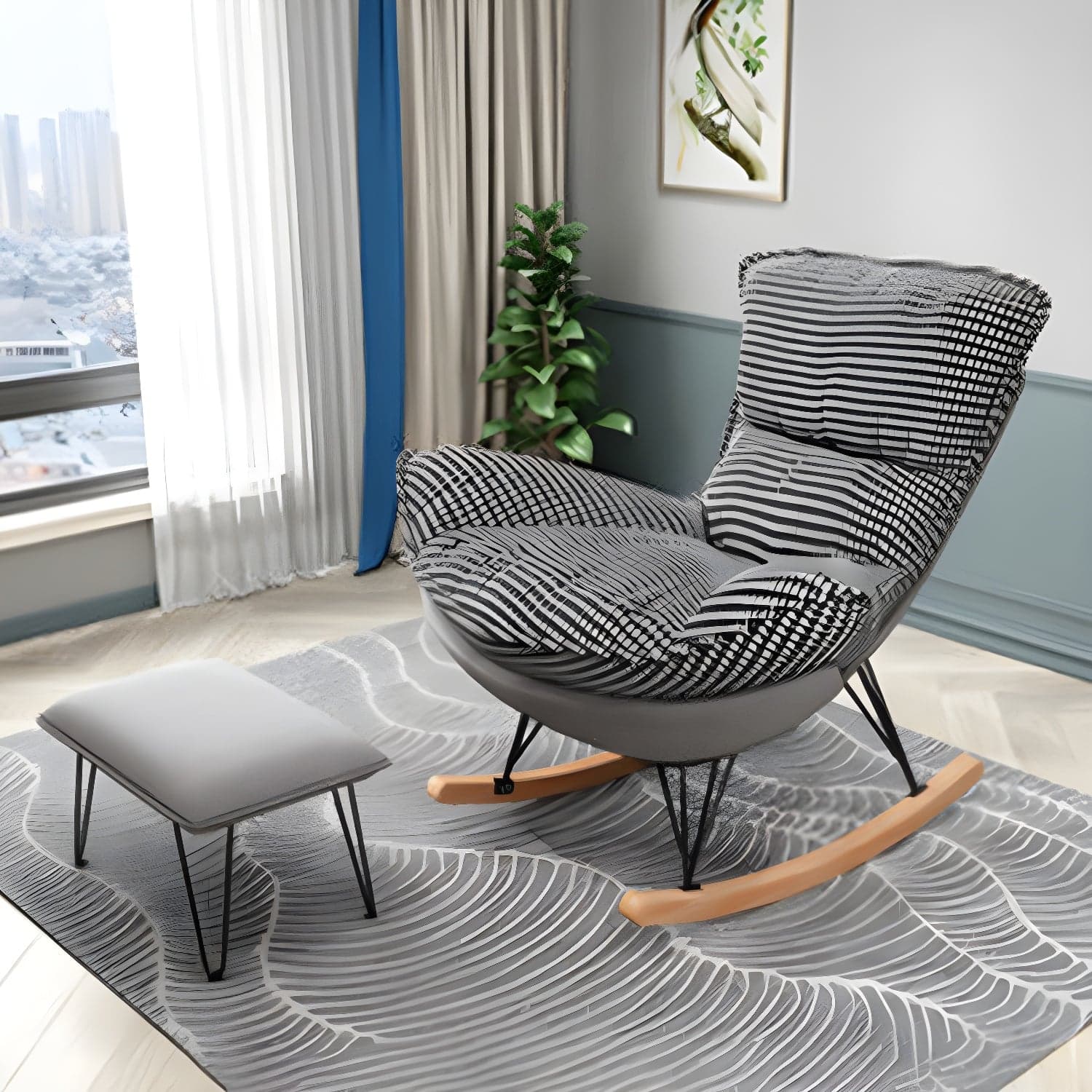 Modern Rocking Chair Metal Frame Doll Cotton Filling Cushion Wingback Rocker Chair thumbnail 1