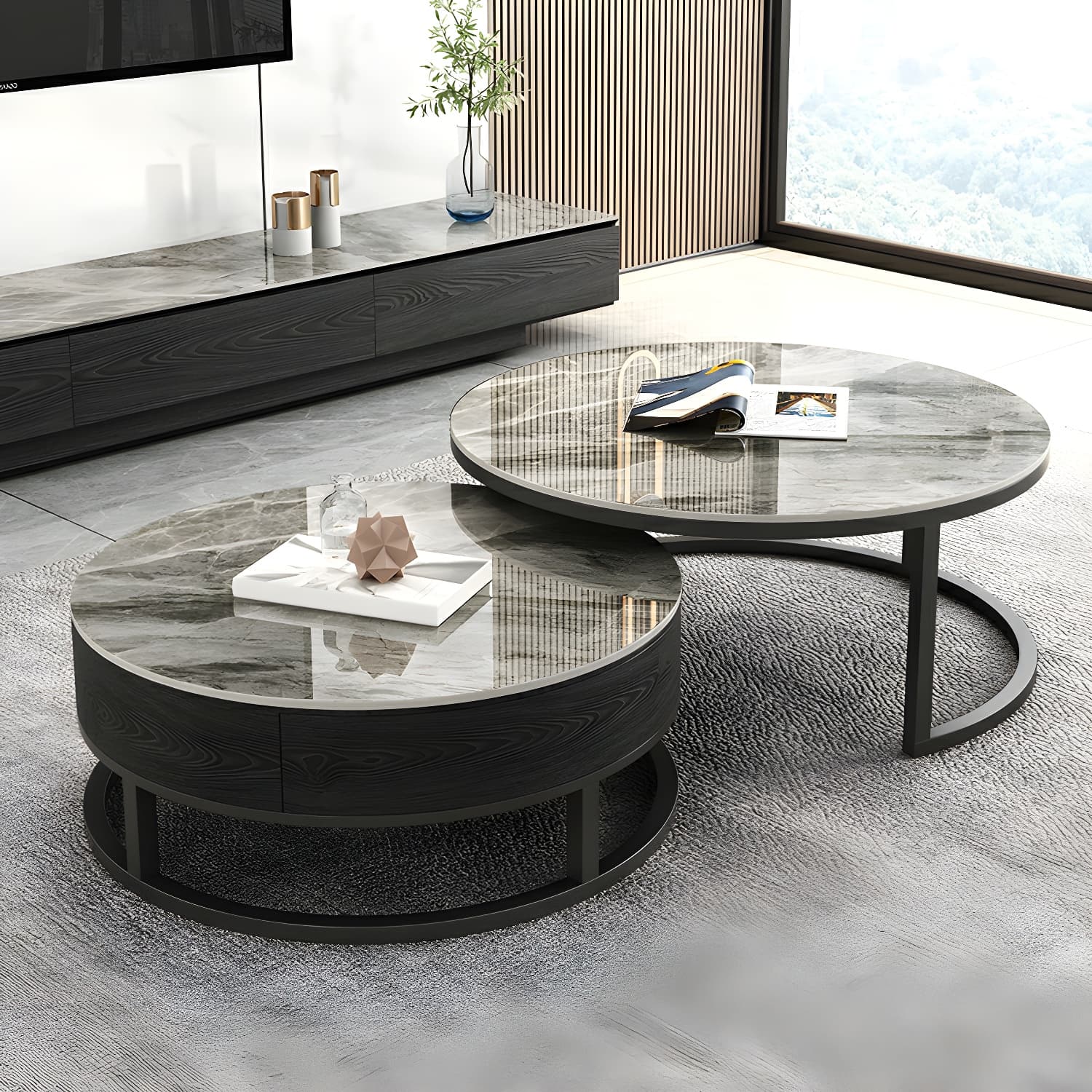 Set of 2 Round Stone Top Modern Nesting Tables with Black Metal Frames and Drawers Included thumbnail 2