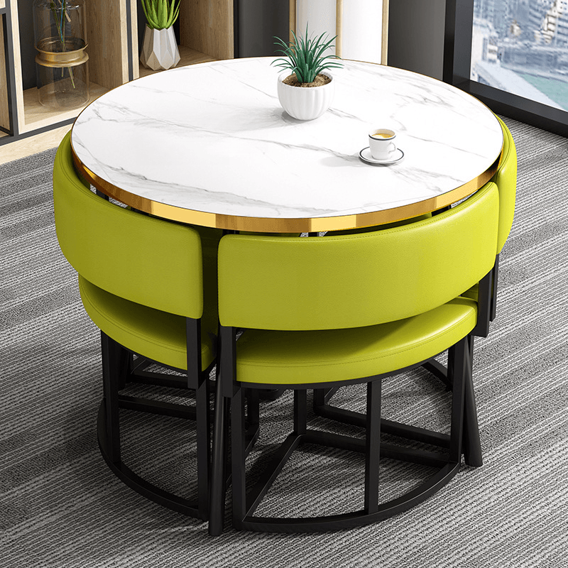 Art Deco Circular-shaped Upholstered Chair Metal & Faux Wood Dining Table Set with Upholstered Back in White, 5 Pieces thumbnail 3