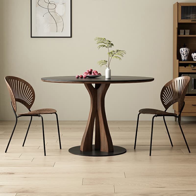 Round Modern Stone Top Dining Table with Solid Wood Pedestal Base thumbnail 4