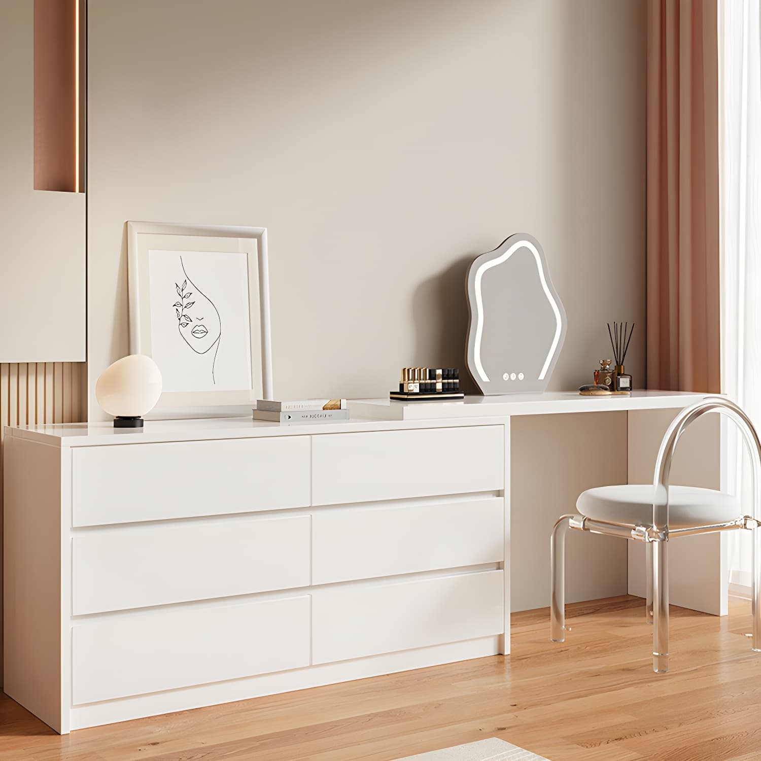 Contemporary White Wood Rectangle Top Make-up Vanity with Lighted Mirror thumbnail 6