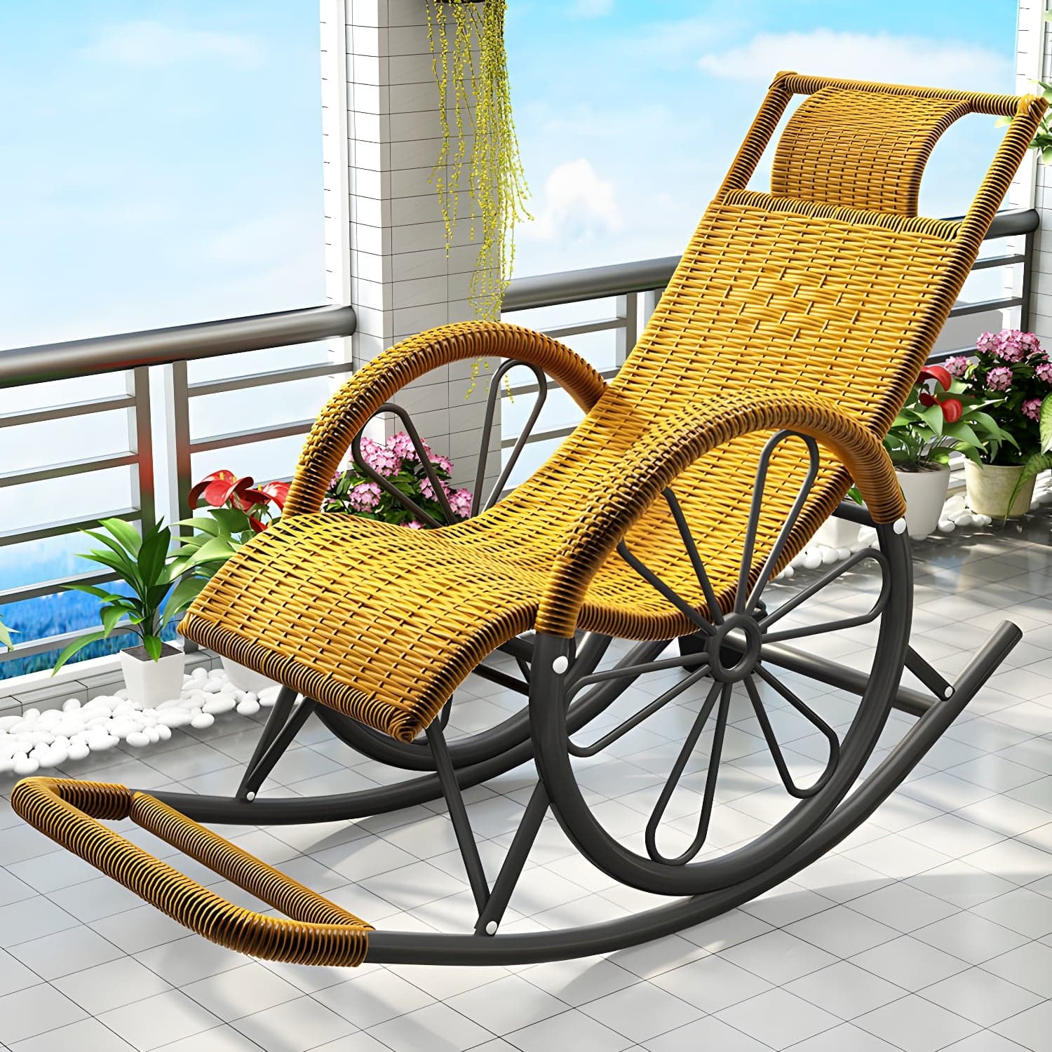 Modern Spindle Rattan Rocking Chair Metal Frame Wheel Handrail Design Rocker Chair thumbnail 5