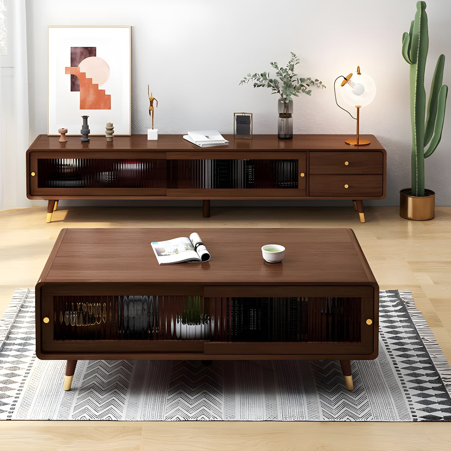 Scandinavian Style Low Height Wood TV Stand With 2 Drawers and Cabinet, Size 15.7'' x 17.7'' thumbnail 4