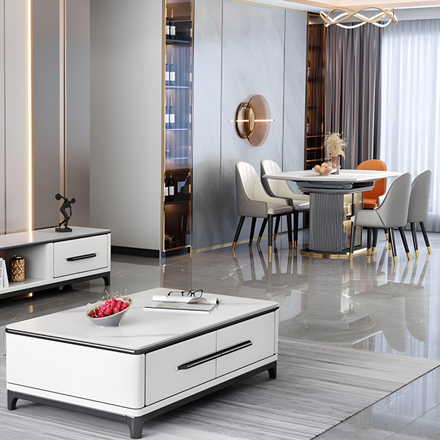 Modern Style Stone Furniture 1/5/7/9/11 Pcs Round Shape Dinette Table with Dining Chair thumbnail 3