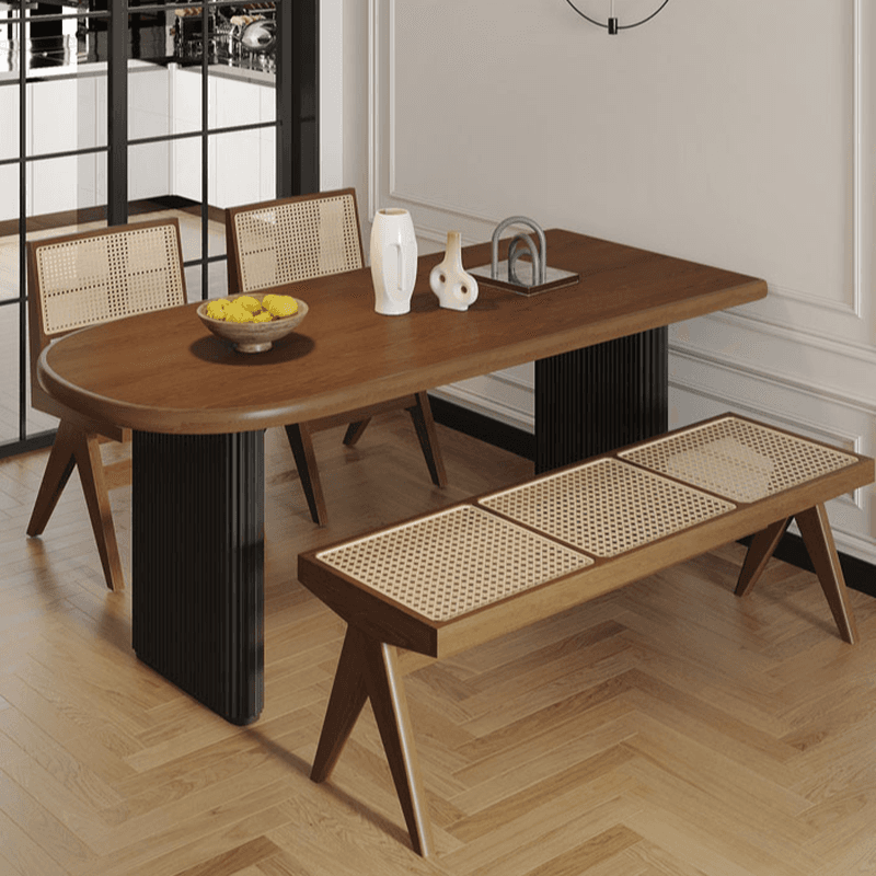 Minimalist Peninsula Dining Table Set with Wood Slab Top, Two-sided Pedestal Base, Fixed Table in Auburn thumbnail 3