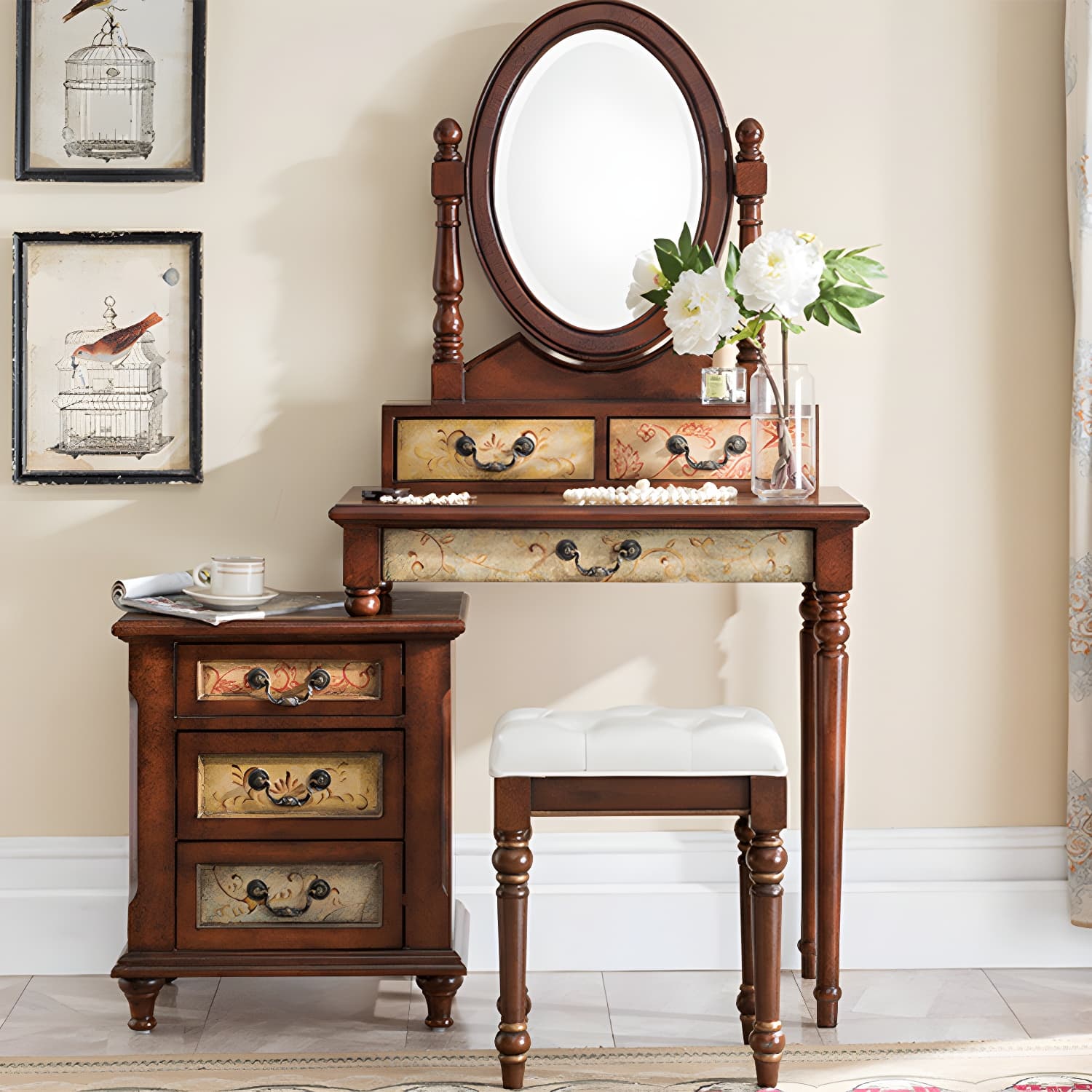 Victorian Vanity Set Solid Wood Drawers Included Makeup Dressing Table With Mirror & Stool thumbnail 7