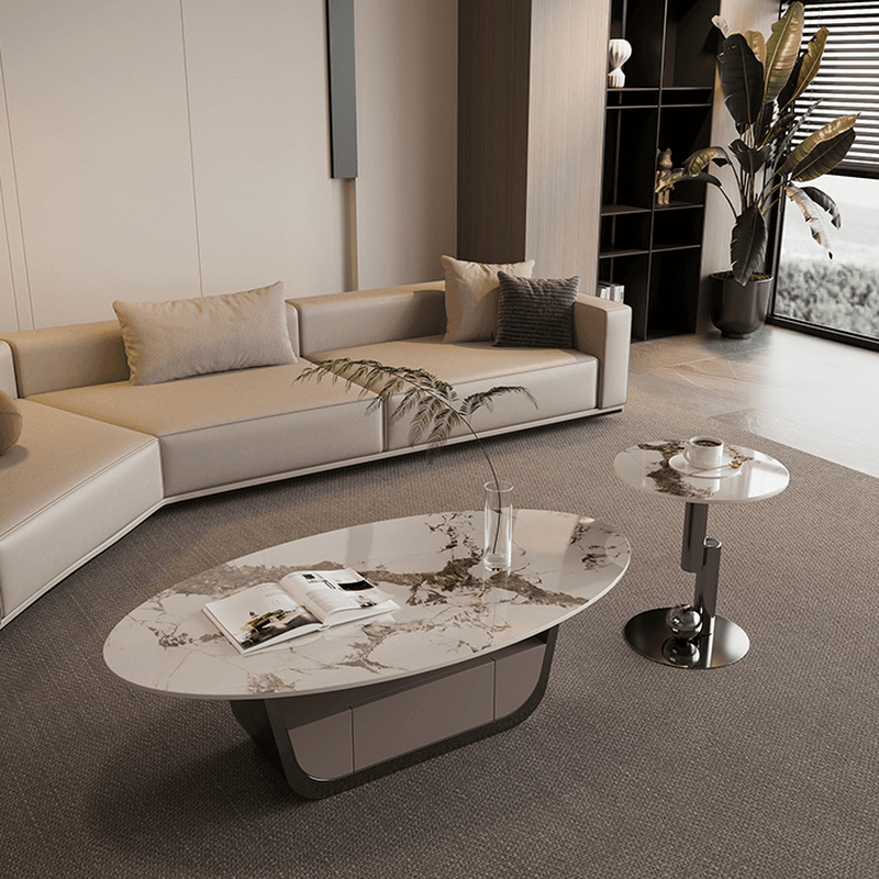 Glamorous Oblong Stone Coffee Table with Abstract Base, Scratch-proof and Drawer for Small Spaces thumbnail 5