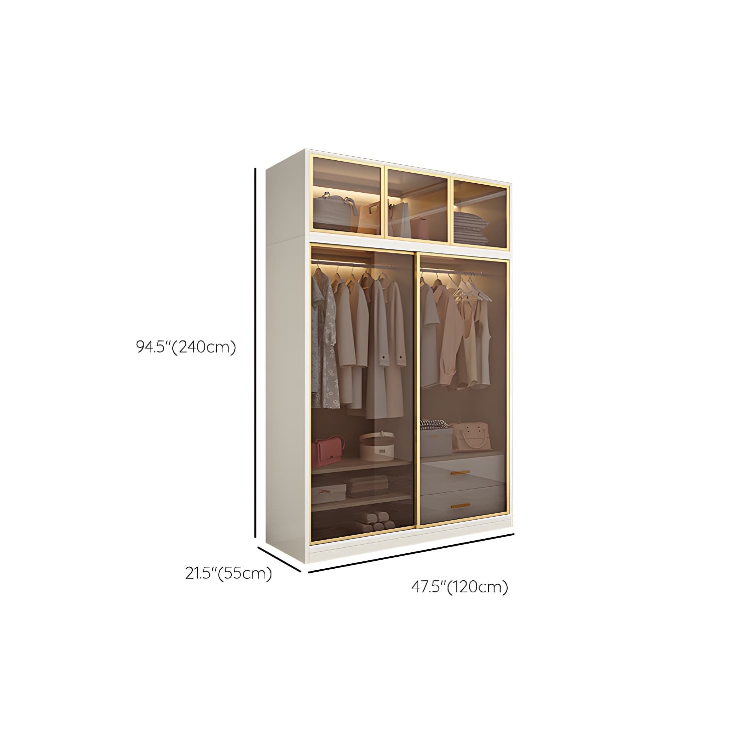 Modern White Wood Frame Wardrobe Freestanding Wardrobe with Sliding Glass Doors thumbnail 17