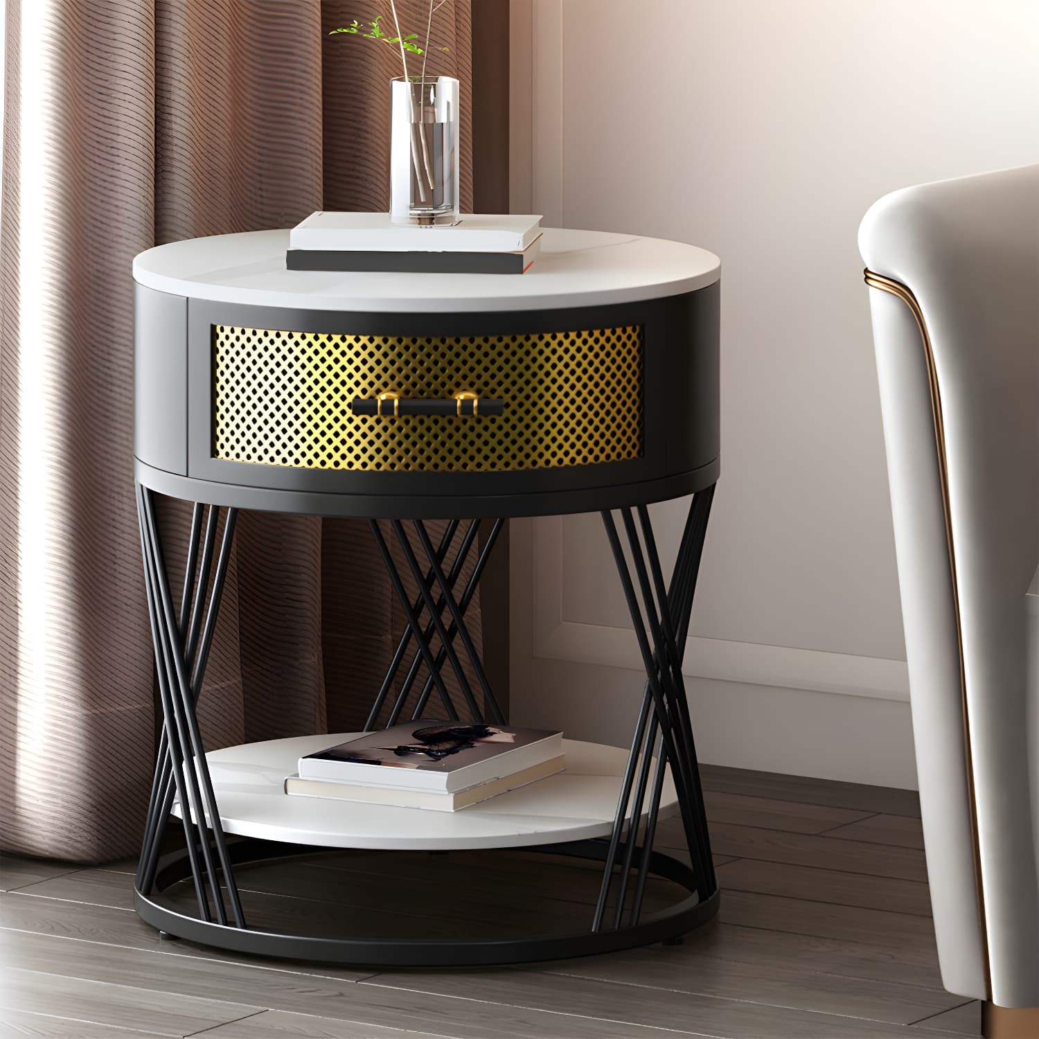 Glam Stone Top Night Table Open Storage 1-Drawer Metal Legs Included Nightstand thumbnail 12