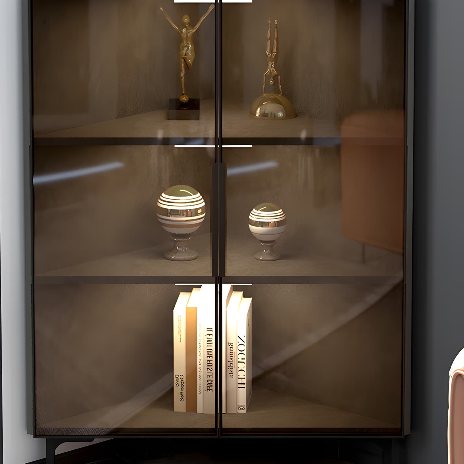 Modern Black Corner Accent. Wood Countertop. Glass Doors. Cabinets included thumbnail 9
