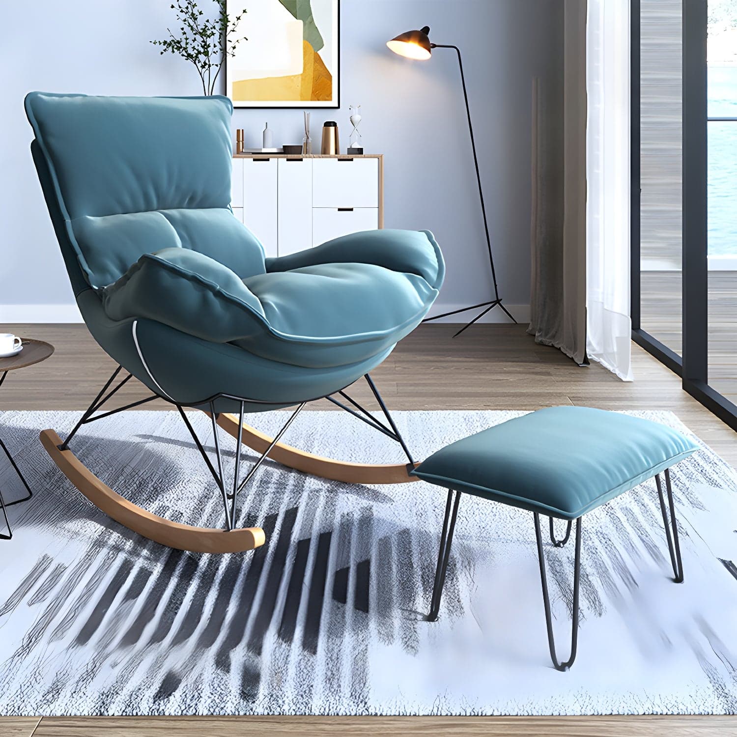 Contemporary Rocker Chair Antique Finish Rocking Chair with Ottoman thumbnail 2