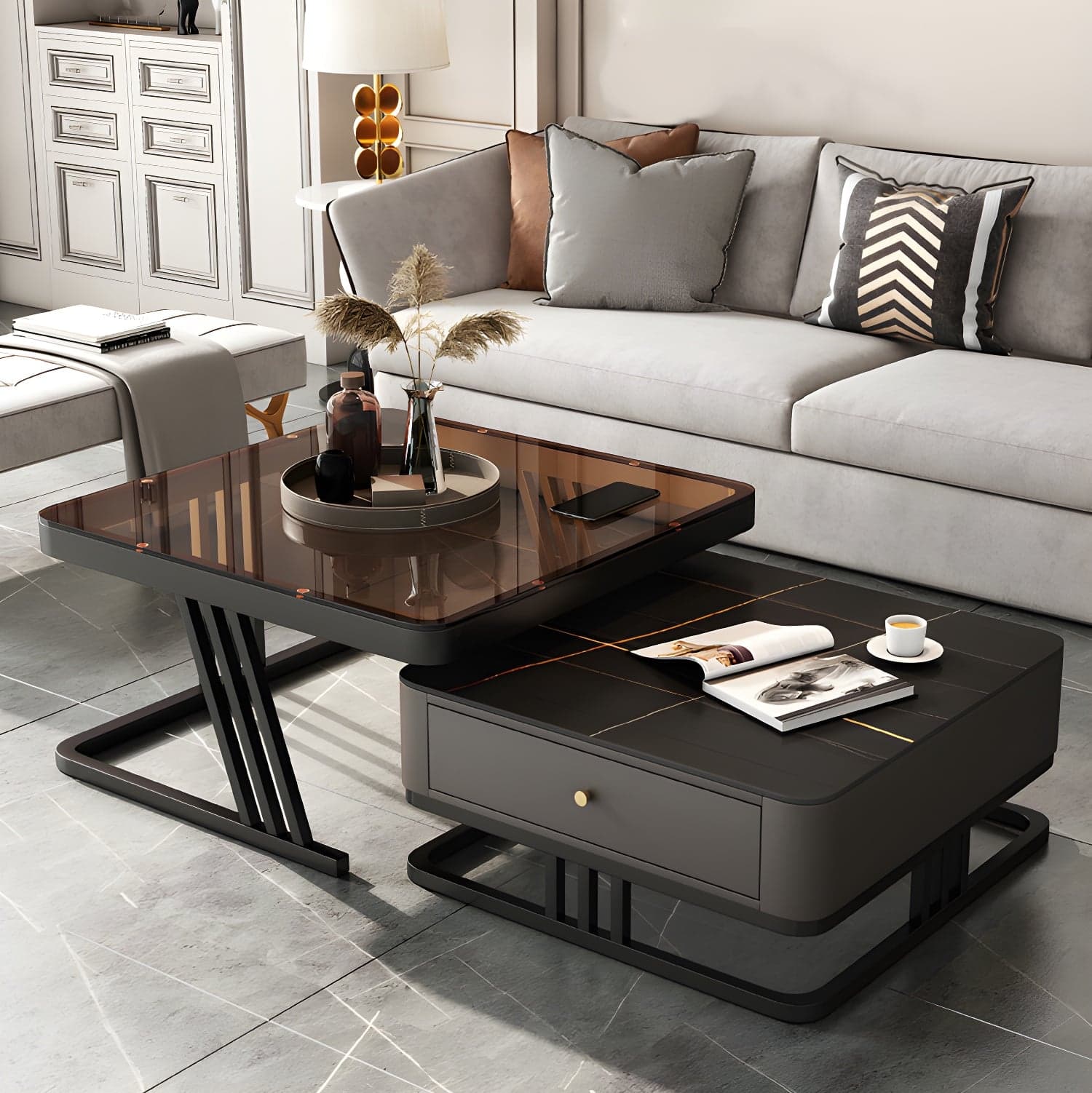 Modern Round Glass / Slate Cocktail Table Steel Frame Coffee Table with Drawer thumbnail 2