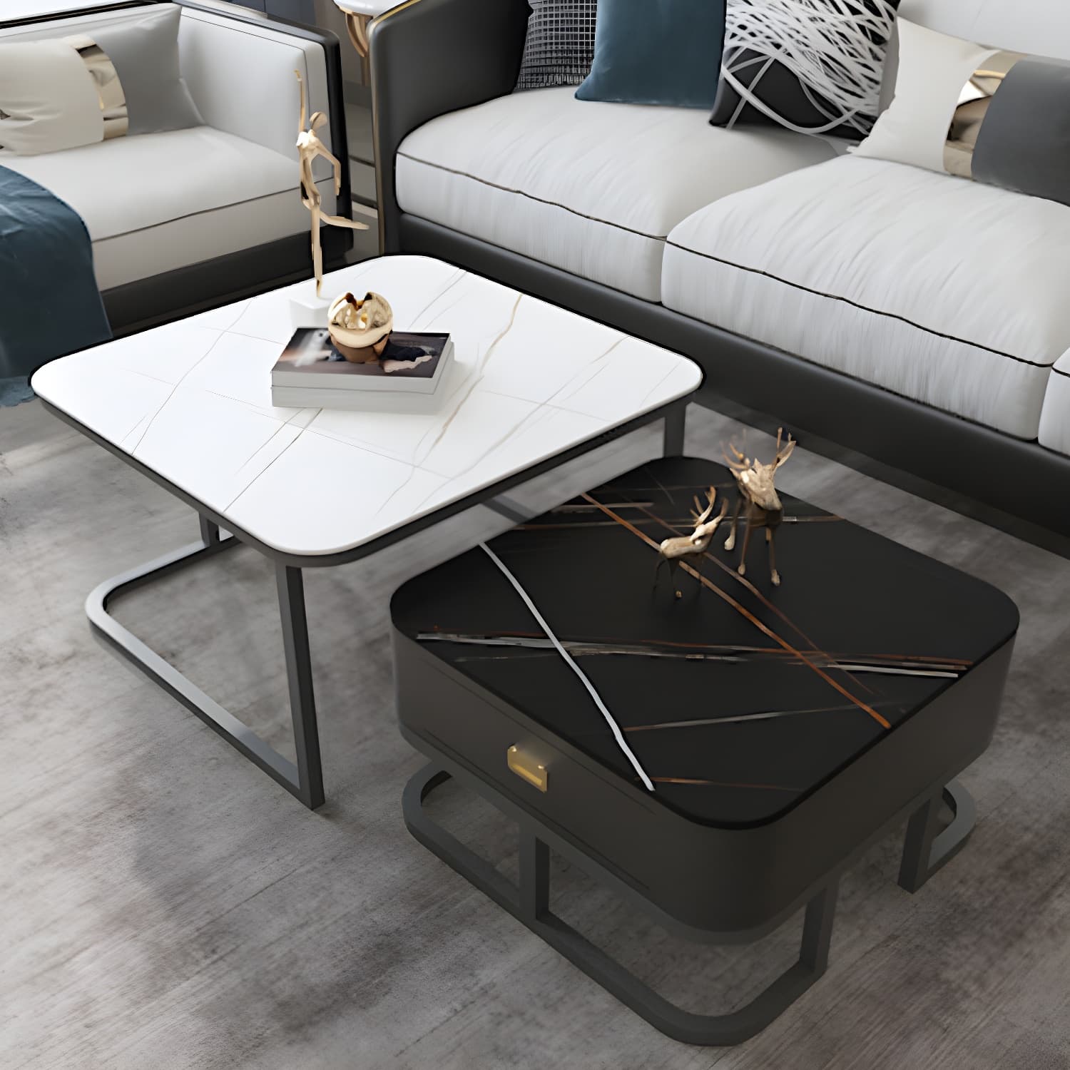 Round Slate/ Glass Coffee Table Frame 2 Nesting Cocktail Table with Storage thumbnail 11