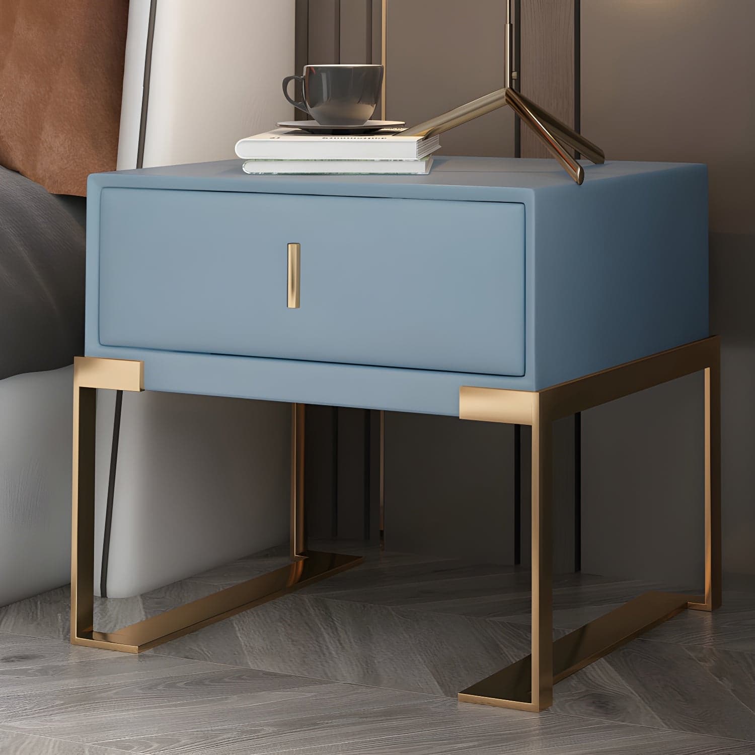 Faux Leather Nightstand 1-Drawer 21 Inch Tall Modern Legs Included Night Table thumbnail 21