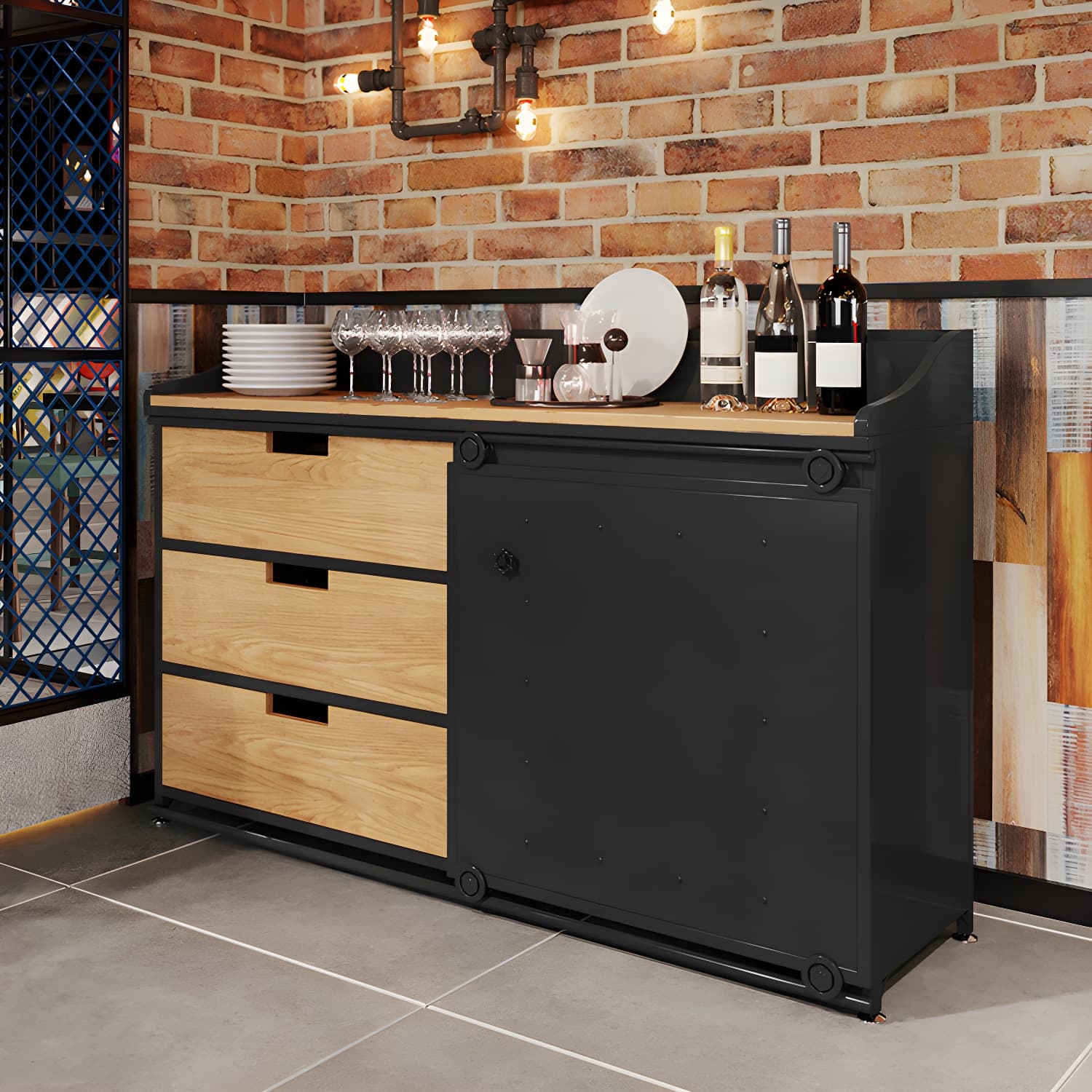 Industrial Metal Sideboard with Drawers, Cabinets, and Open Storage - 3 Drawers, 1 Interior Shelf thumbnail 7