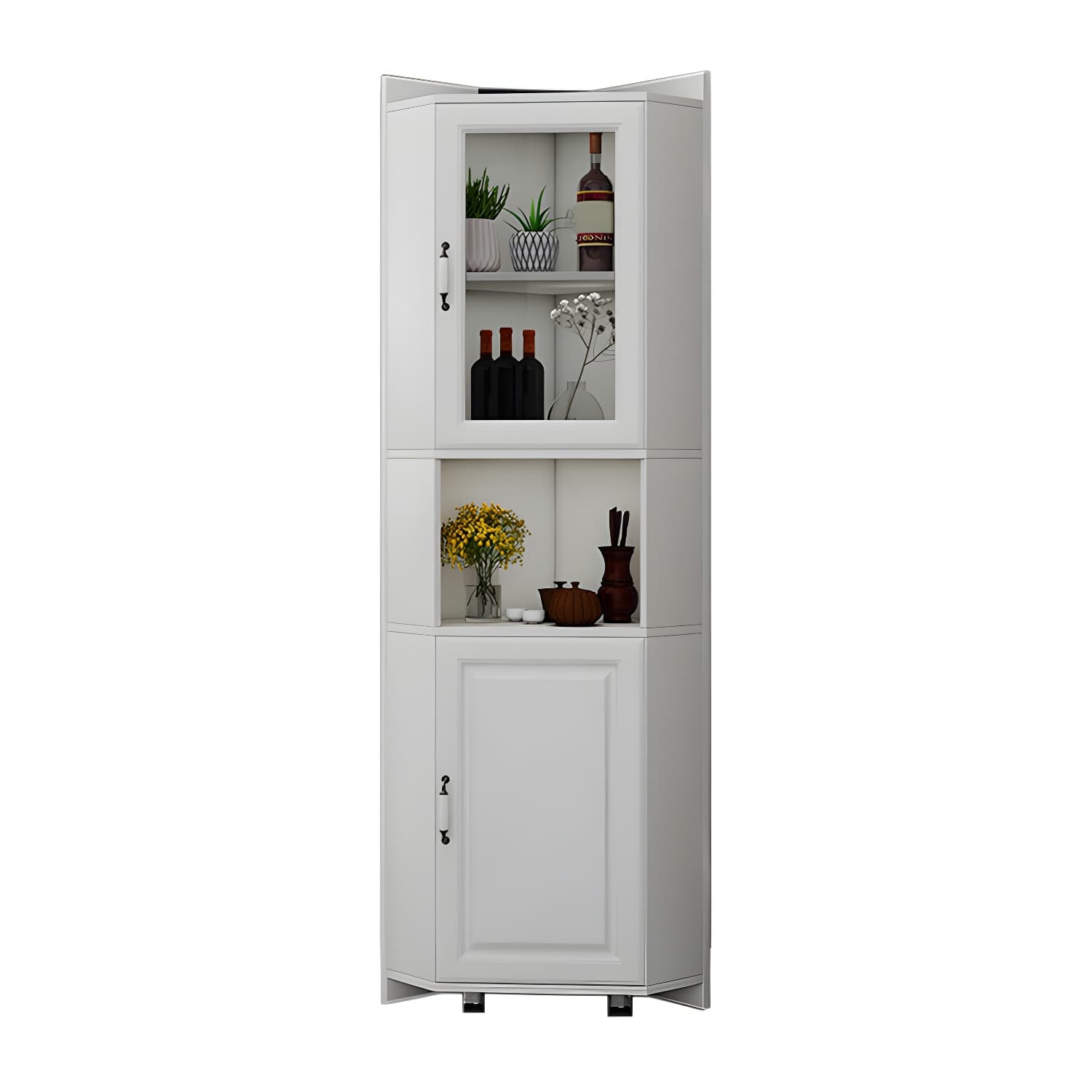 Modern White Corner Accent Cabinet with Glass Doors and Adjustable Interior Shelves thumbnail 5