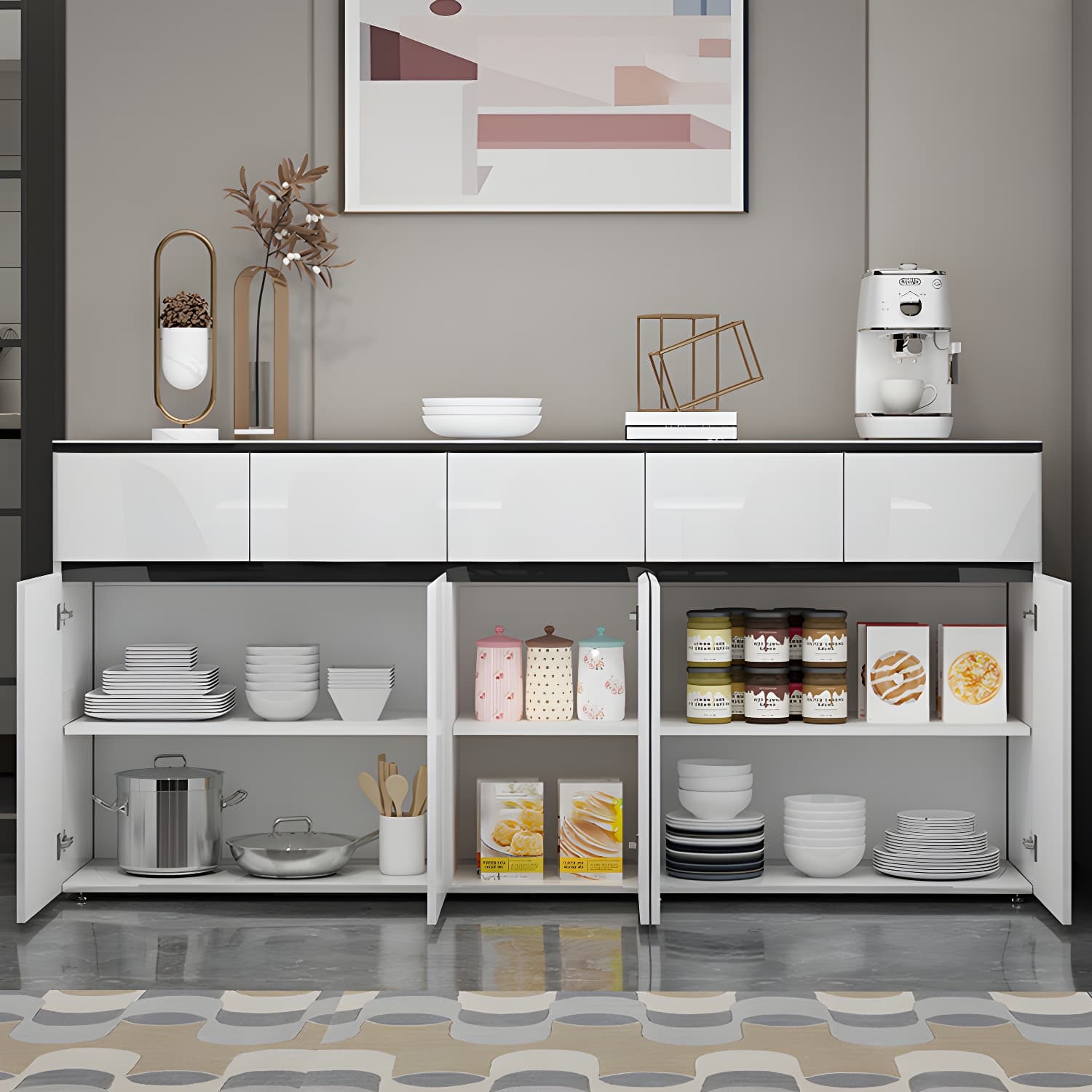 Contemporary Glass Top Sideboard Cabinet with Drawer for Living Room thumbnail 5