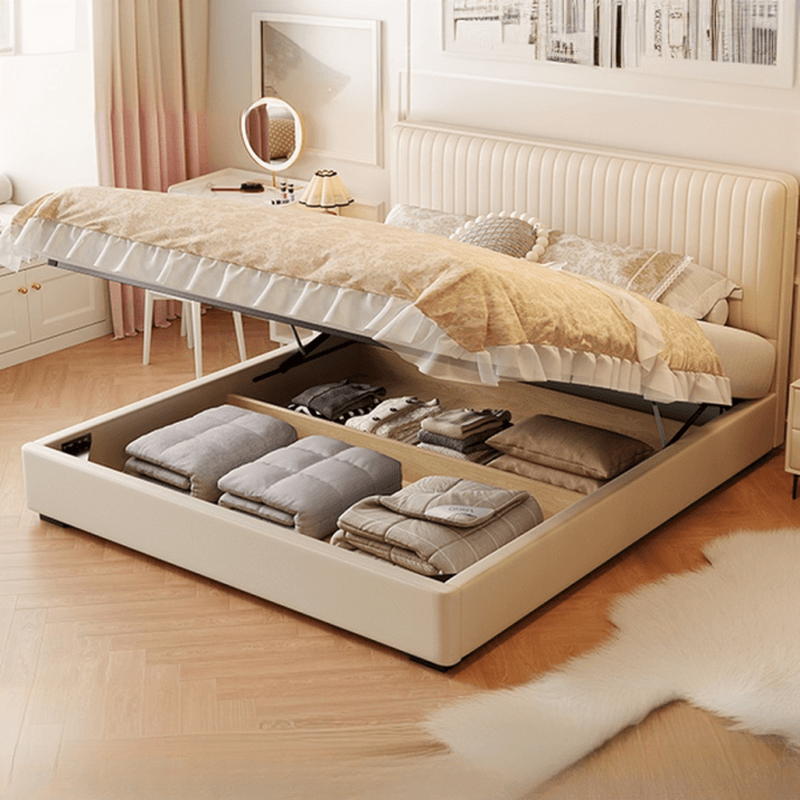 Ivory Solid Color Storage Bed with 3 Storage Boxes, Padded Frame, Sponge Upholstery, and Panel Headboard for Bedroom thumbnail 2