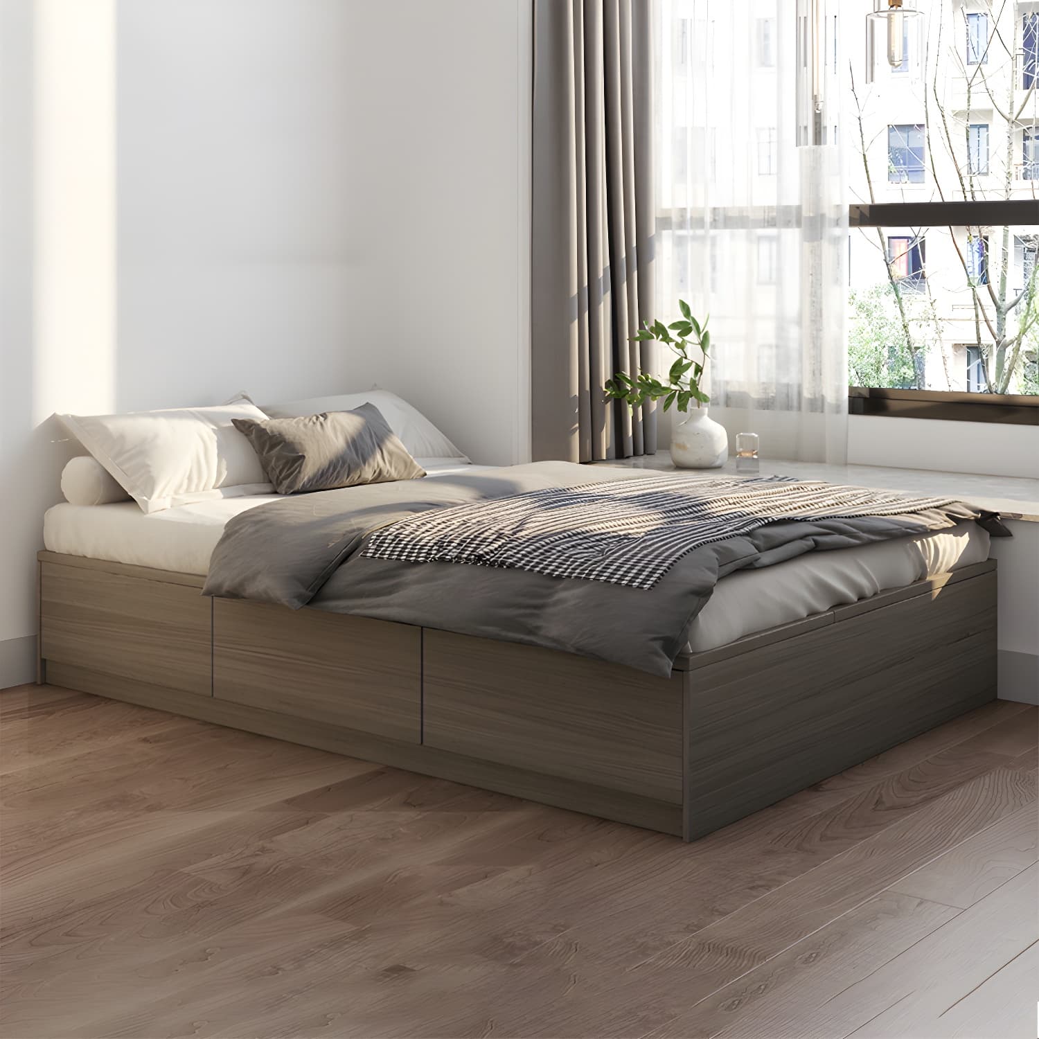 Light Brown Platform Bed Scandinavian 13.77" Tall Bed Frame with Storage Drawers thumbnail 1